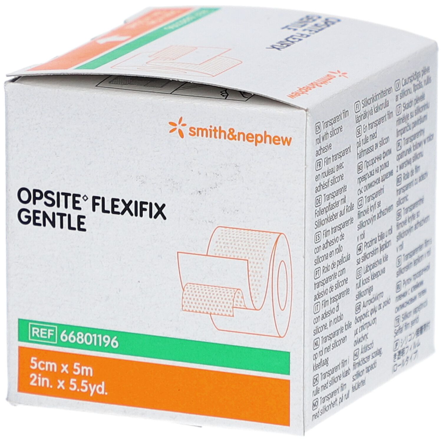 Verpackung von Smith&Nephew Opsite Flexifix Sanft. Box mit Produktabbildung und Größenangabe: 5cm x 5m.