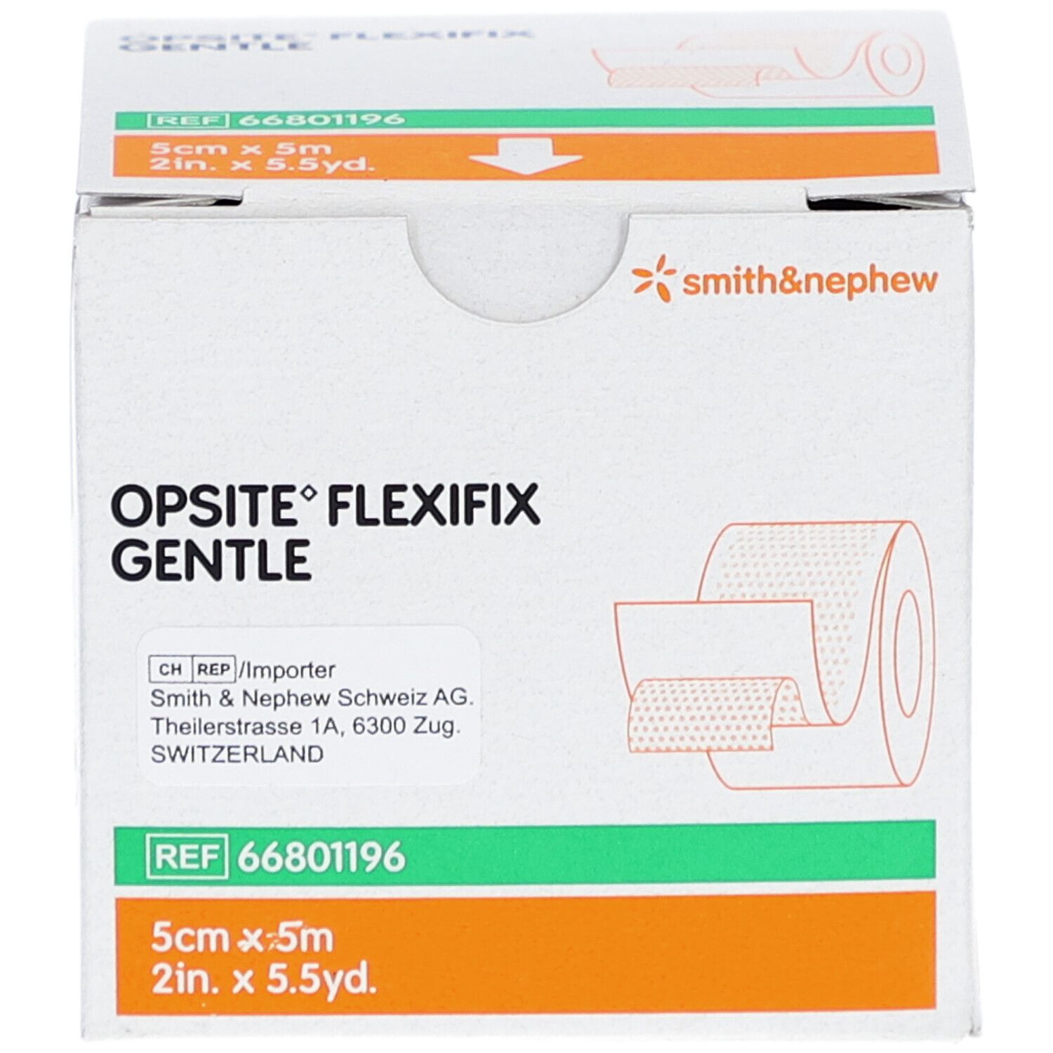 Verpackung von Smith&Nephew Opsite Flexifix Sanft. Box mit Produktabbildung und Größenangabe: 5cm x 5m.