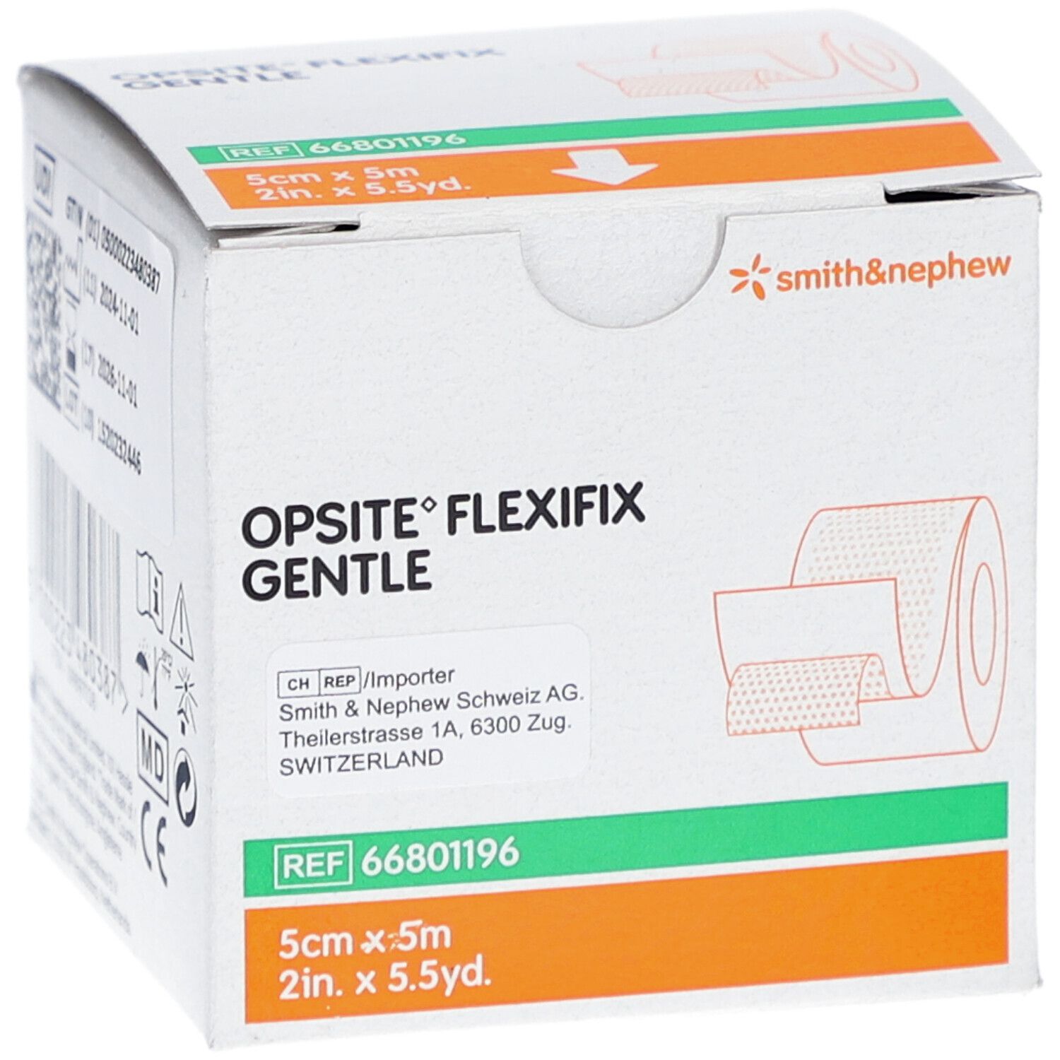 Verpackung von Smith&Nephew Opsite Flexifix Sanft. Box mit Produktabbildung und Größenangabe: 5cm x 5m.