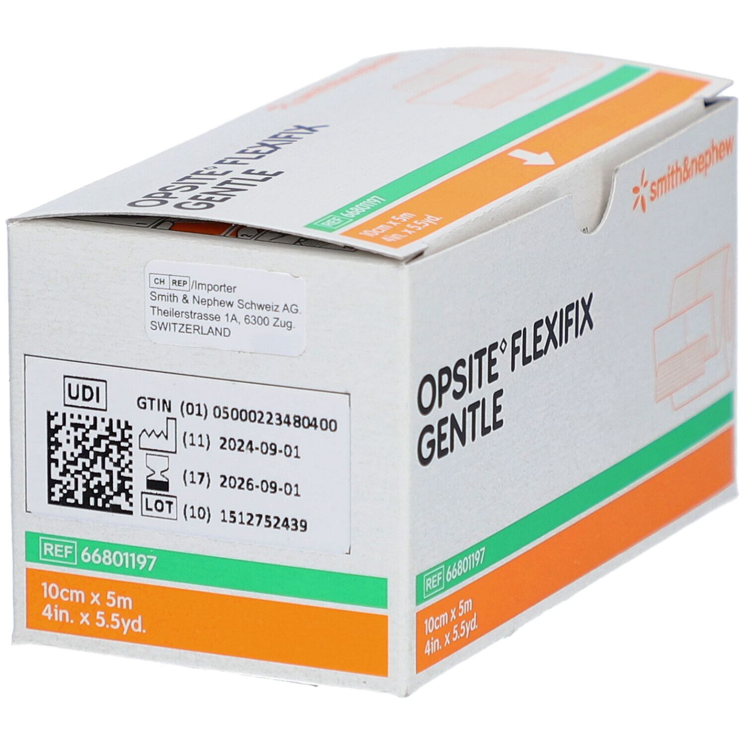 Verpackung von Opsite Flexifix Gentle. Aufschrift: 10 cm x 5 m. Mit UDI-Code und Verfallsdatum.