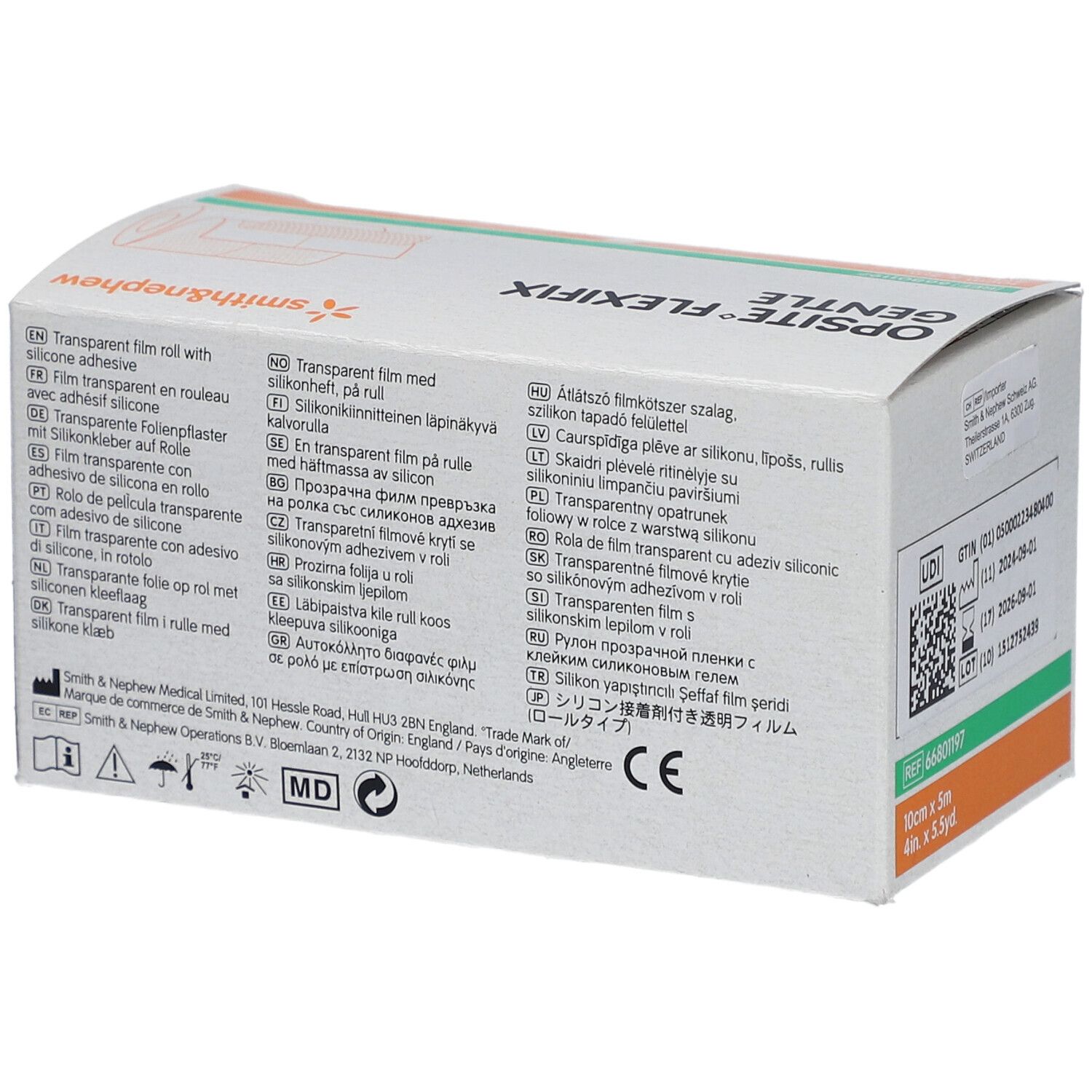 Verpackung von Opsite Flexifix Gentle. Mehrsprachige Produktinformationen. Marke: Smith&Nephew.