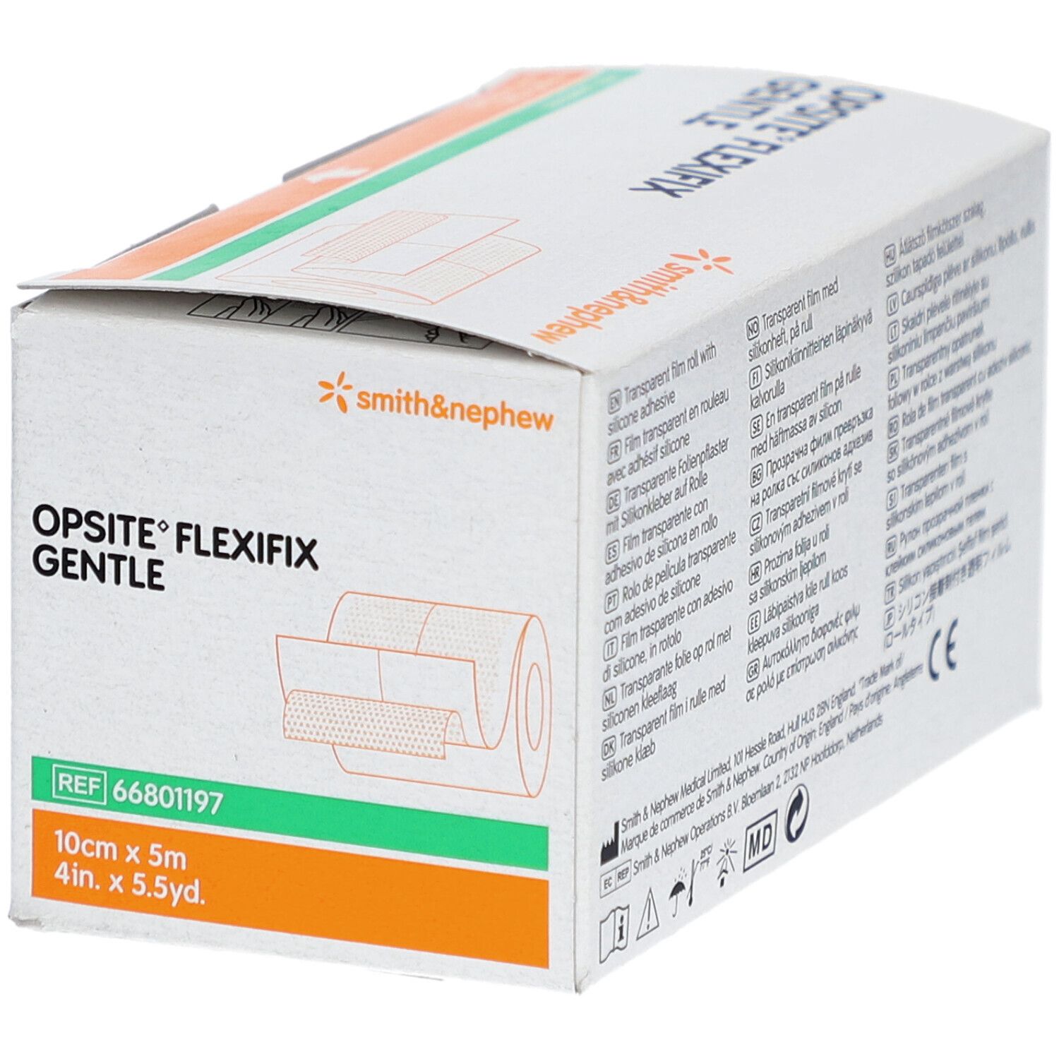 Verpackung von Opsite Flexifix Gentle. Aufschrift: 10 cm x 5 m. Marke: Smith&Nephew.