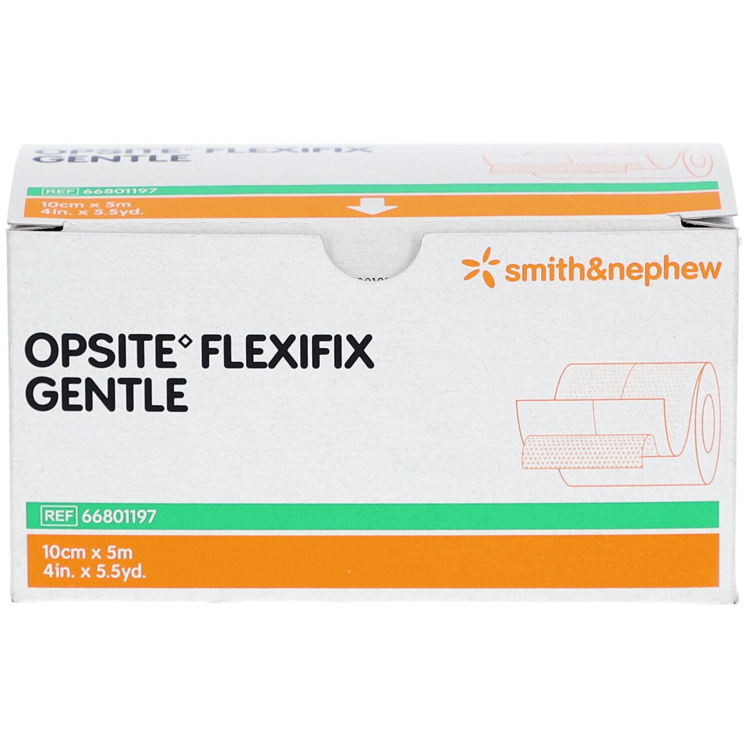 Verpackung von Opsite Flexifix Gentle. Aufschrift: 10 cm x 5 m. Marke: Smith&Nephew.