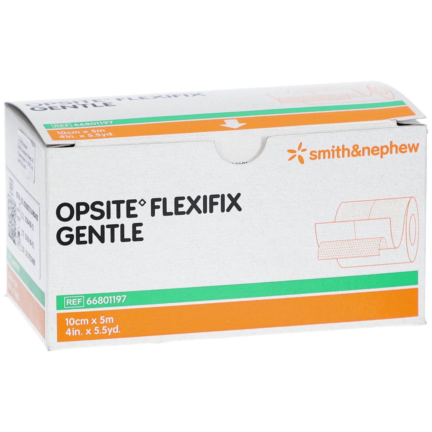 Verpackung von Opsite Flexifix Gentle. Aufschrift: 10 cm x 5 m. Marke: Smith&Nephew.