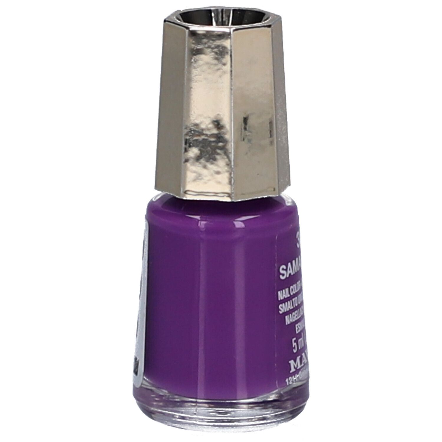 Flacon de vernis à ongles violet avec bouchon argenté. Vue latérale. Inscription partiellement visible.