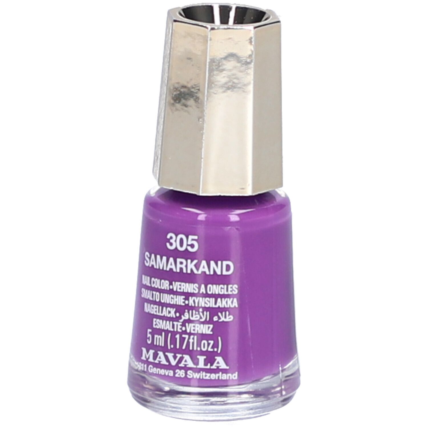 Flacon de vernis à ongles violet avec bouchon argenté. Inscription : 305 SAMARKAND, vernis à ongles, 5 ml, MAVALA.