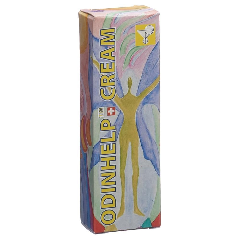 ODINHELP CREAM Karton mit bunten abstrakten Mustern und einer stilisierten menschlichen Figur.