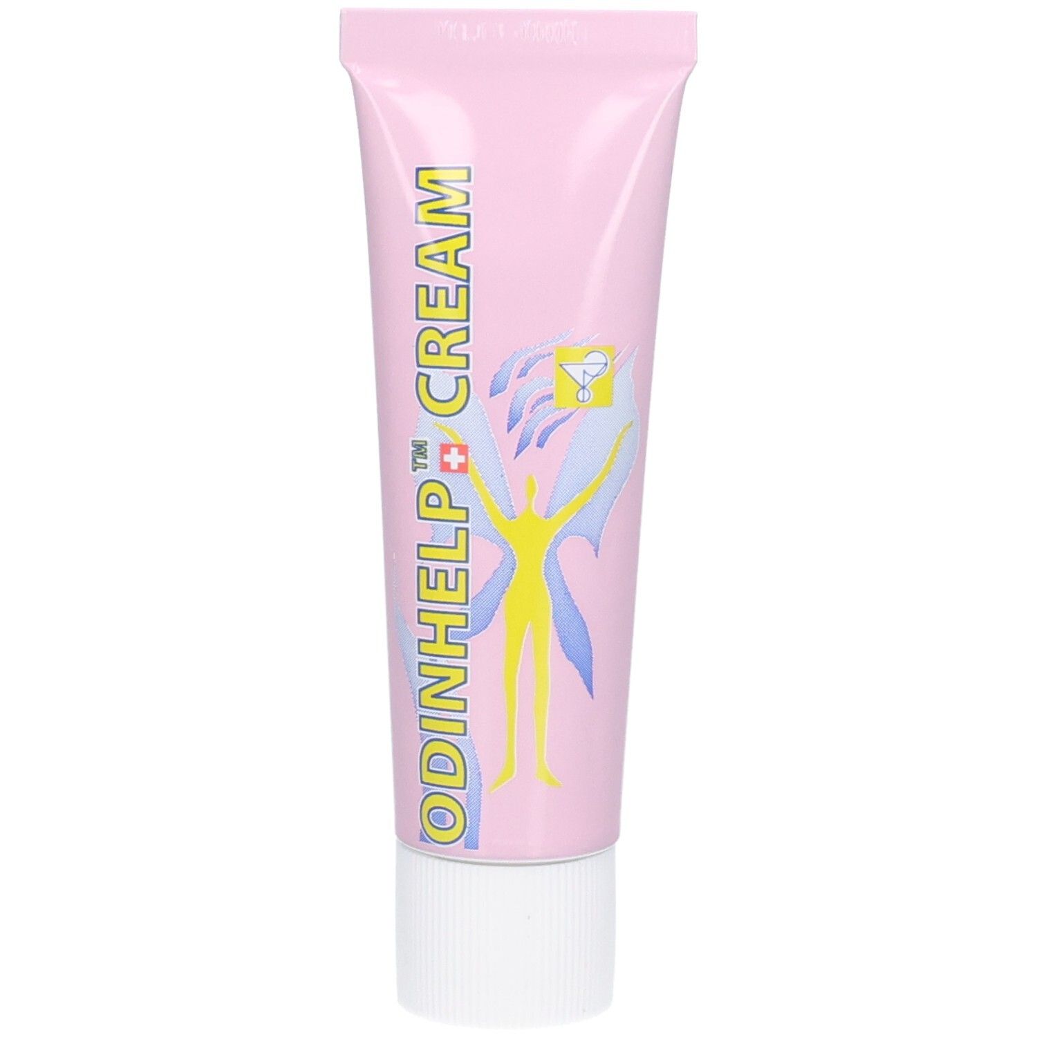 ODINHELP CREAM Tube in Rosa mit gelbem Text und einer stilisierten menschlichen Figur.