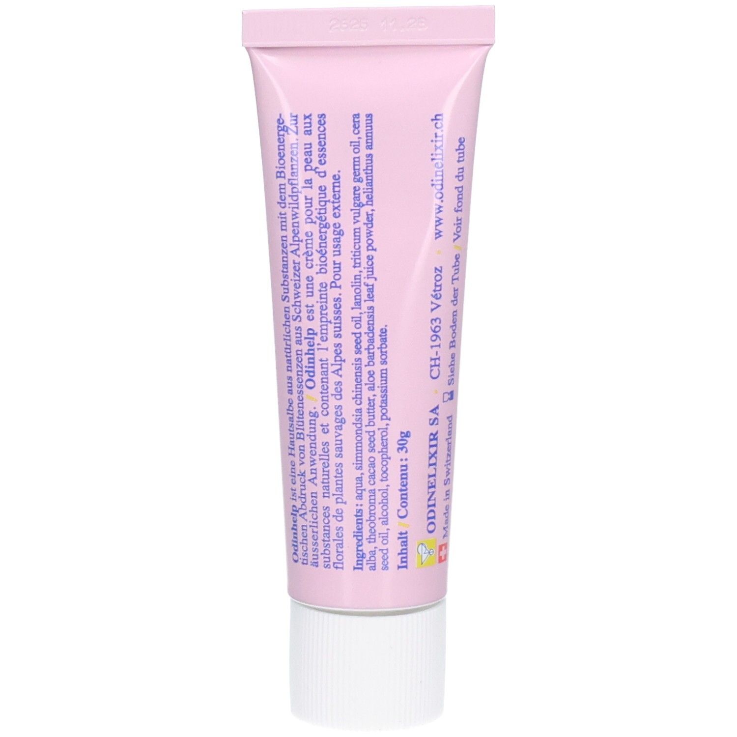 Rückseite der ODINHELP CREAM Tube mit Inhaltsstoffen und Herstellerangaben.