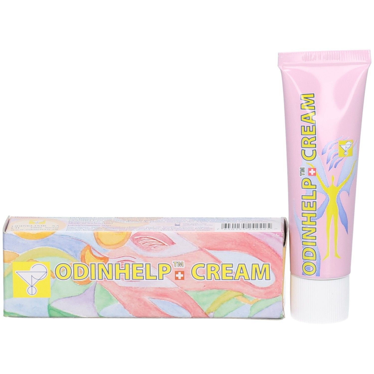 ODINHELP CREAM Tube und Karton nebeneinander auf weißem Hintergrund.