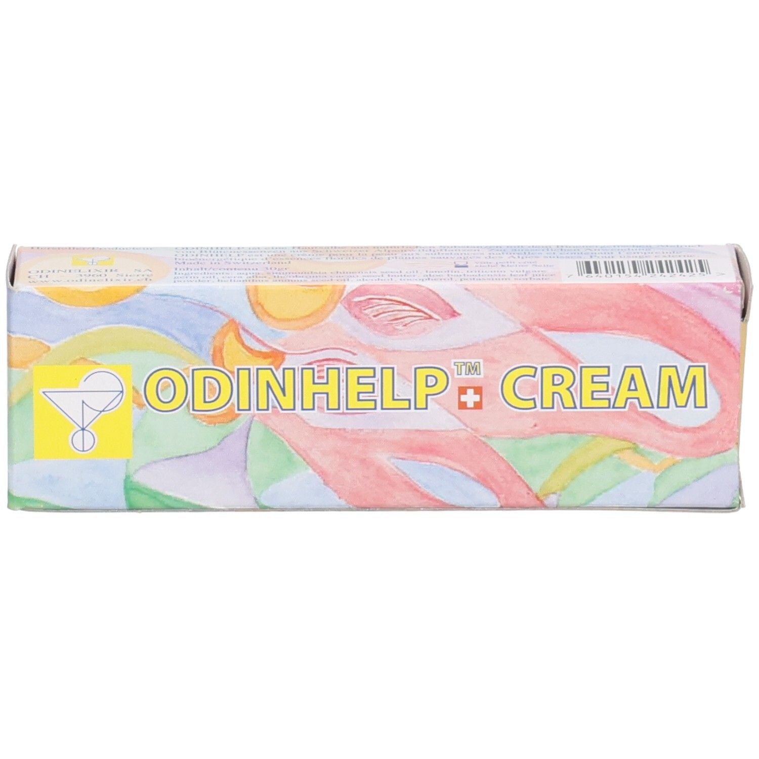 ODINHELP CREAM Karton mit bunten Mustern und Text.