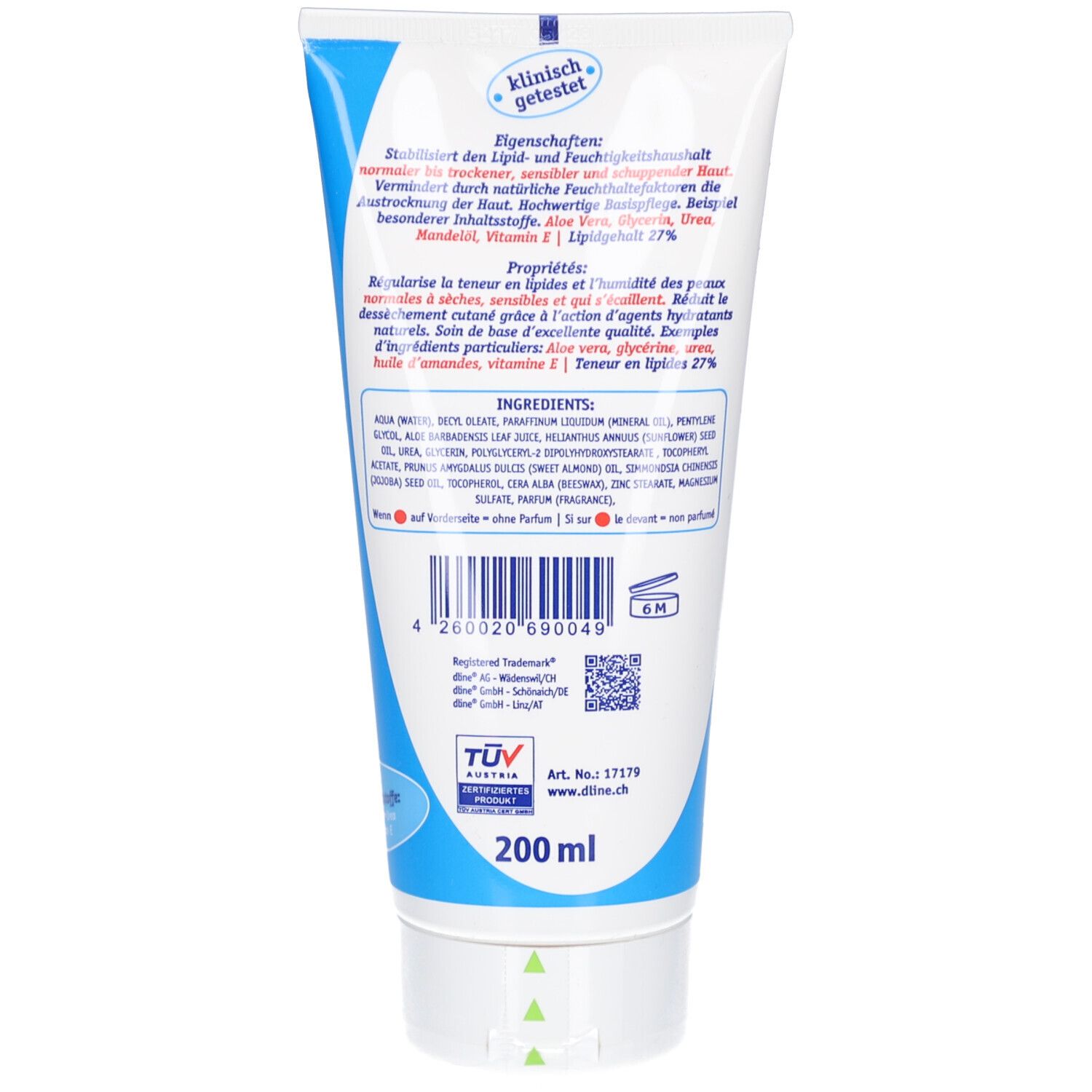 Dos du tube. Texte: Propriétés, Ingrédients, 200 ml. Code-barres et certifications. Inscription: dline.