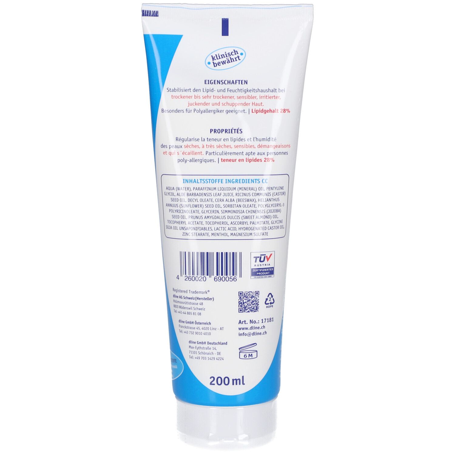 Dos du tube. Texte en allemand et anglais. Ingrédients et informations fabricant. 200 ml.