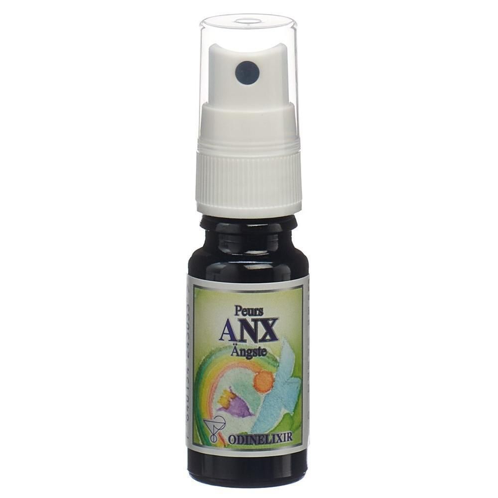 Dunkelbraune Sprühflasche mit weißem Sprühkopf. Etikett mit Regenbogen und Blume. Text: ANX Ängste.