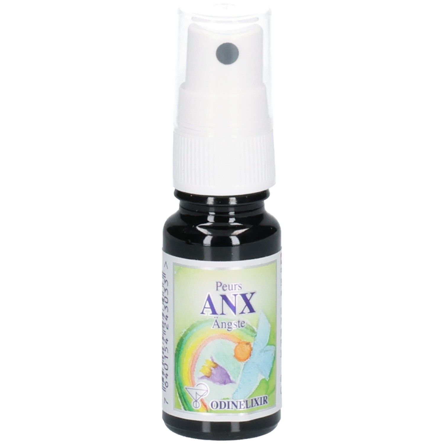Dunkelbraune Sprühflasche mit weißem Sprühkopf. Etikett mit Regenbogen und Blume. Text: ANX Ängste.