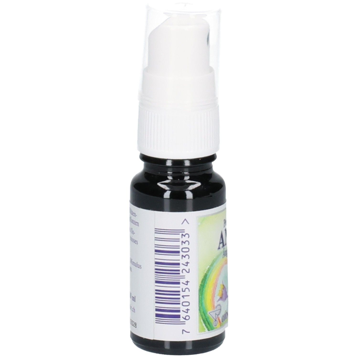 Seitenansicht einer dunkelbraunen Sprühflasche mit weißem Sprühkopf und Etikett. Barcode sichtbar.