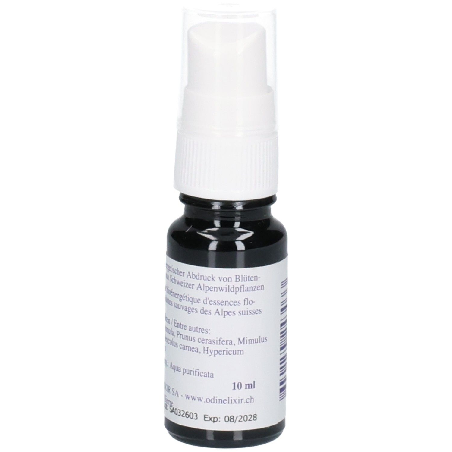 Rückseite einer Sprühflasche mit Etikett, das Inhaltsstoffe und Verfallsdatum zeigt. Text: 10 ml.
