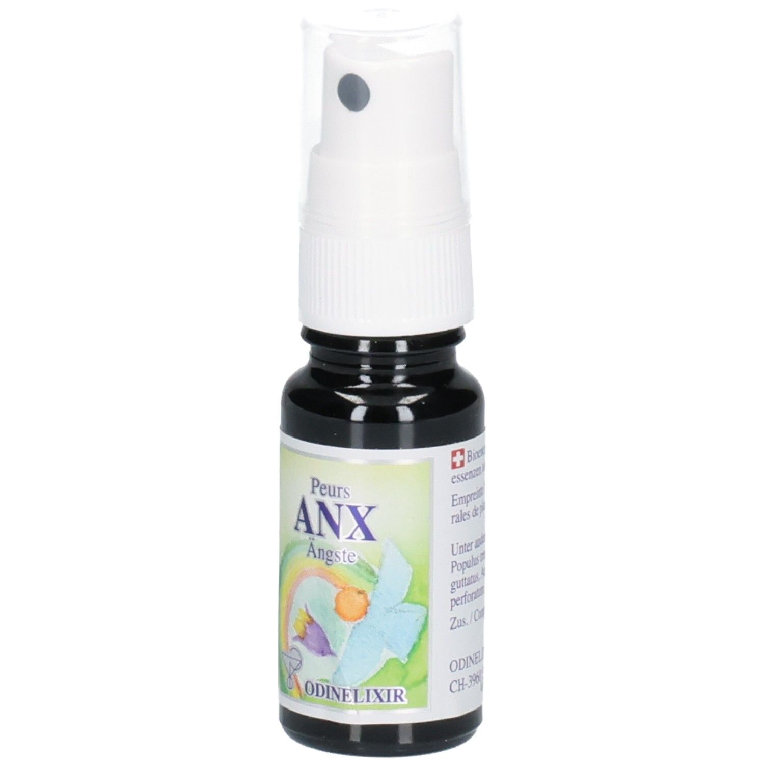 Dunkelbraune Sprühflasche mit weißem Sprühkopf. Etikett mit Regenbogen und Blume. Text: ANX Ängste.