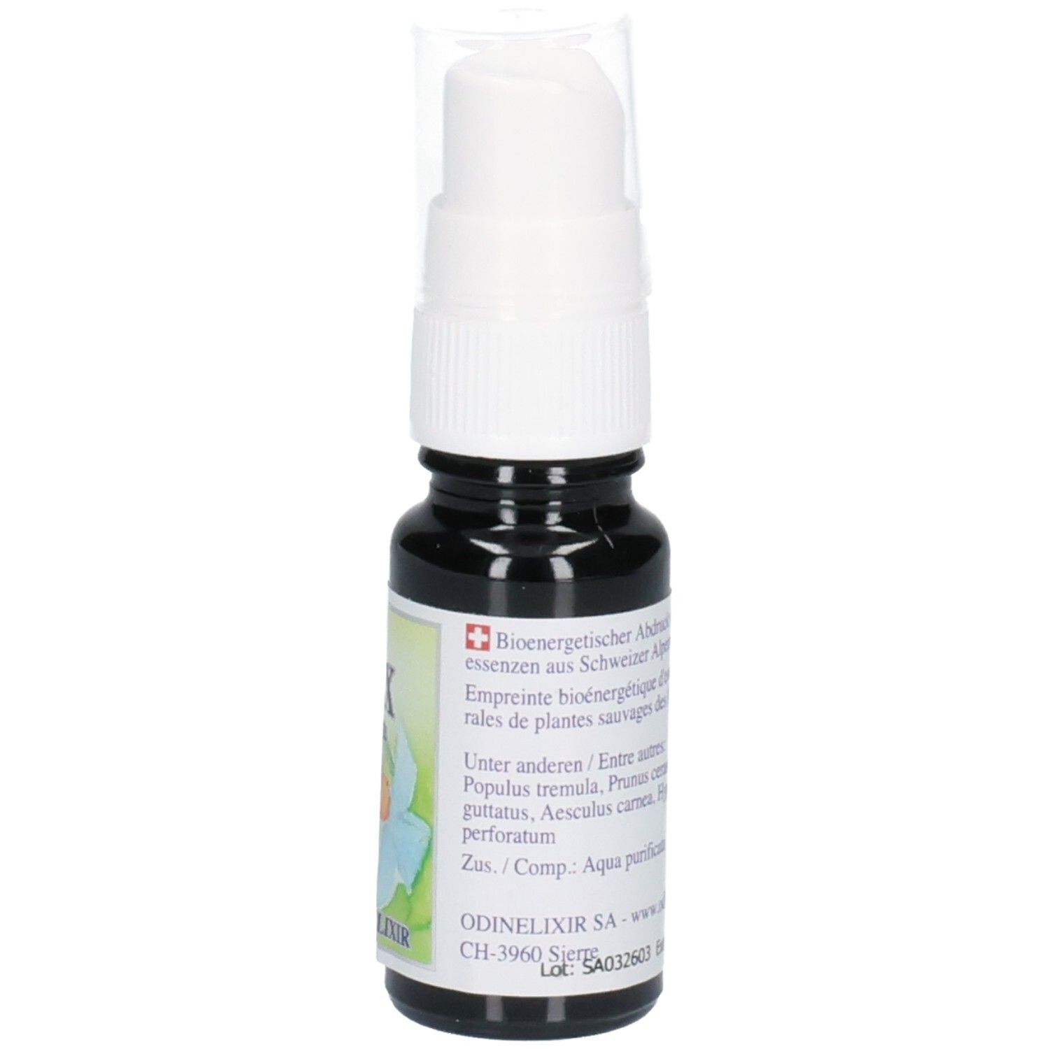 Rückseite einer Sprühflasche mit Etikett, das Inhaltsstoffe und Verfallsdatum zeigt. Text: 10 ml.