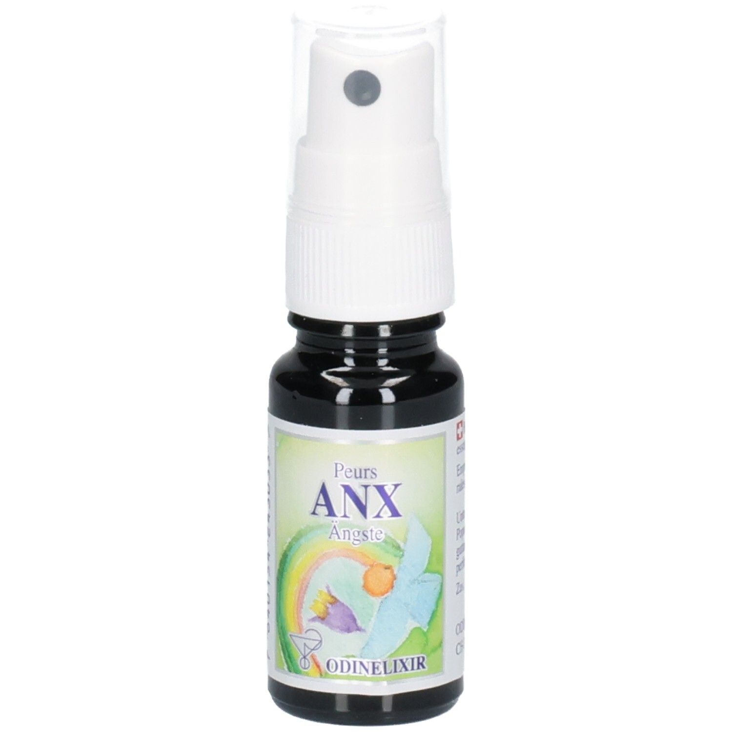 Dunkelbraune Sprühflasche mit weißem Sprühkopf. Etikett mit Regenbogen und Blume. Text: ANX Ängste.