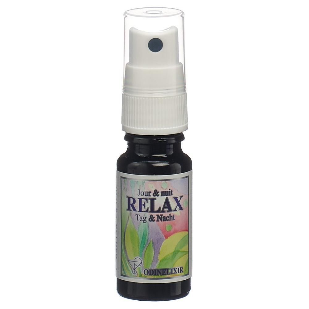 ODINELIXIR Relax Spray: Dunkle Glasflasche mit weißem Sprühkopf und durchsichtigem Deckel. Etikett mit "RELAX Tag & Nacht".