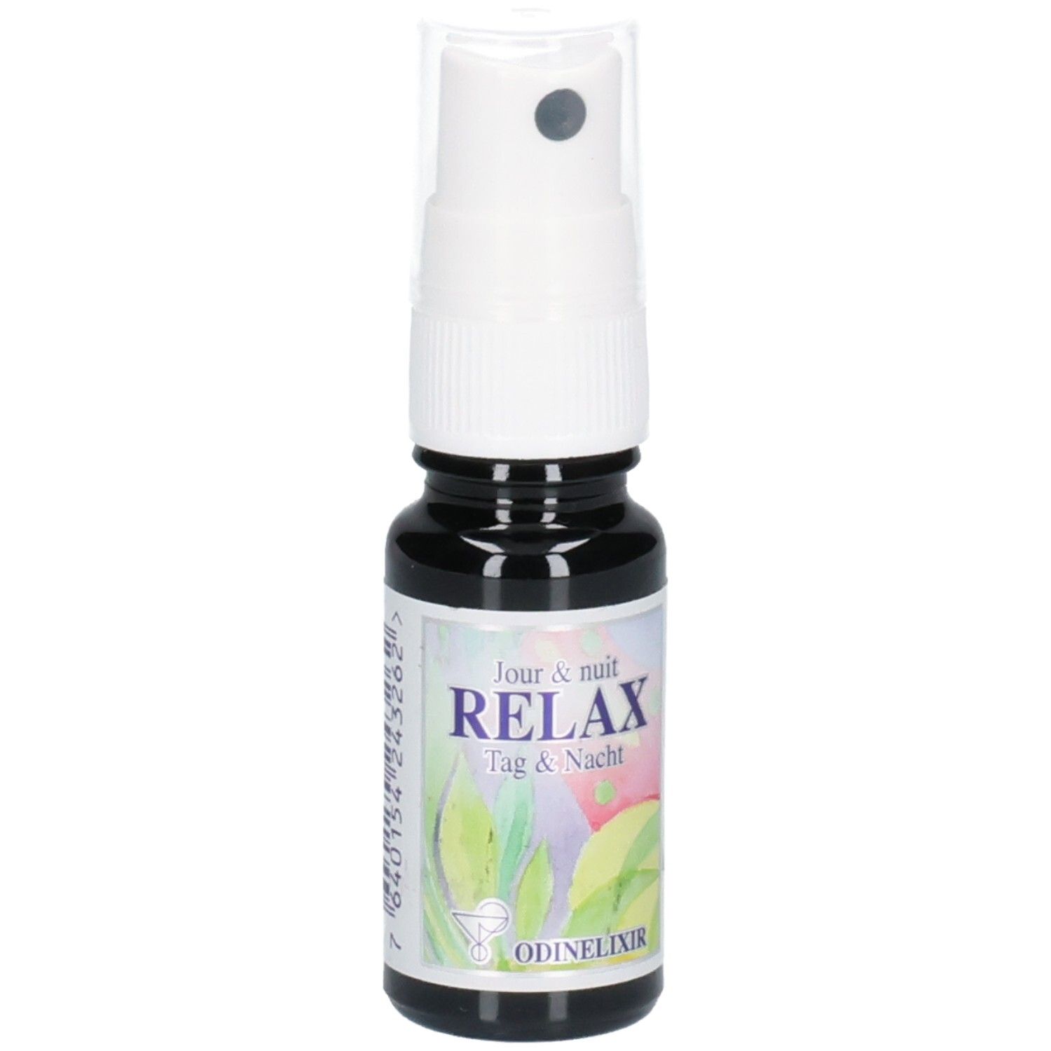 ODINELIXIR Relax Spray: Dunkle Glasflasche mit weißem Sprühkopf. Etikett mit "RELAX Tag & Nacht" und botanischen Elementen.