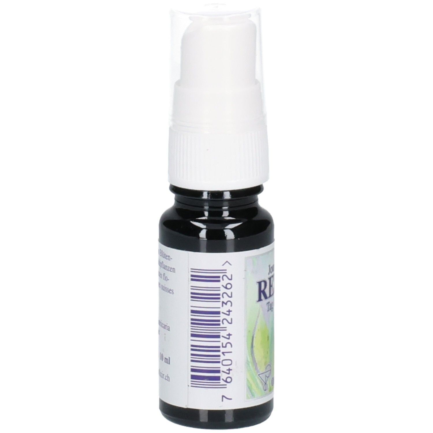 ODINELIXIR Relax Spray: Seitenansicht der dunklen Glasflasche mit Sprühkopf und Etikett. Barcode sichtbar.