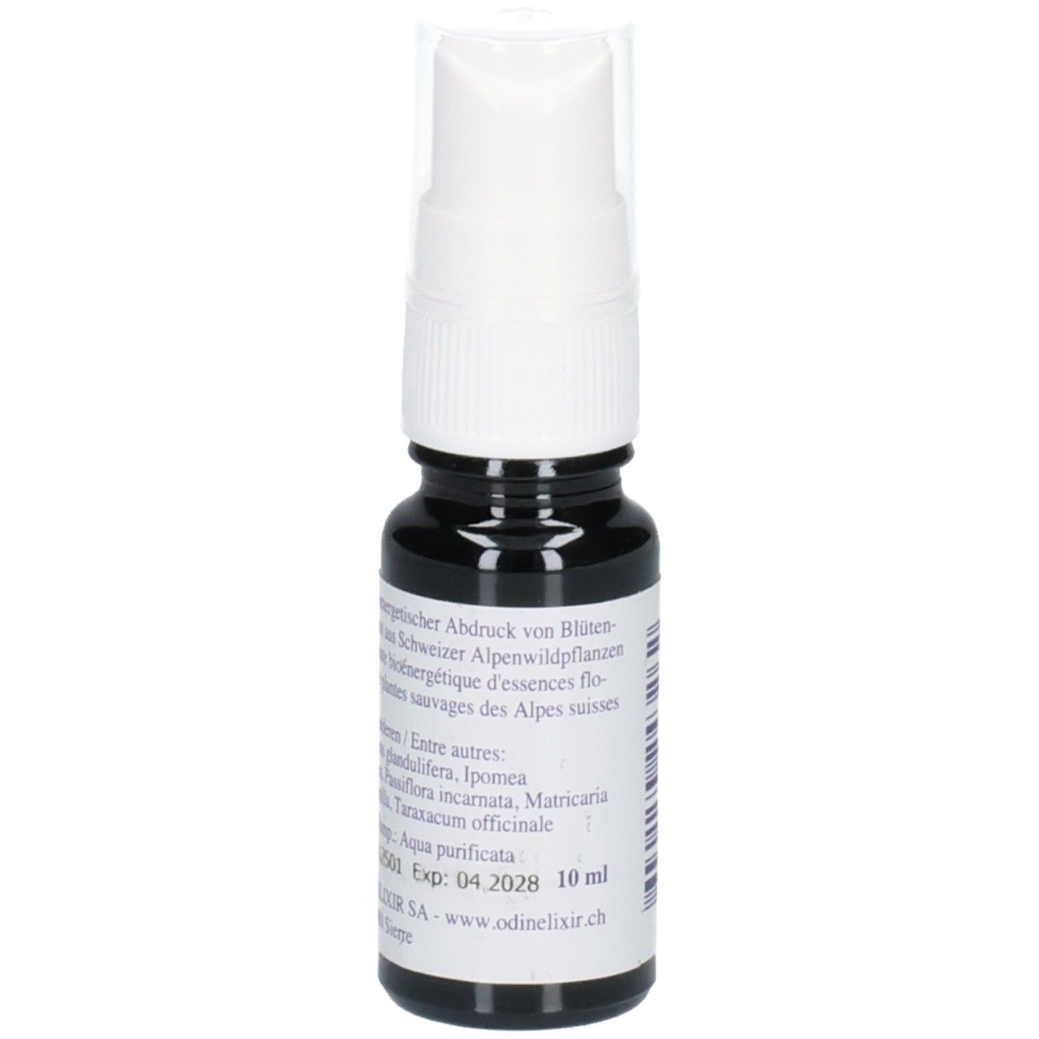 ODINELIXIR Relax Spray: Rückseite der dunklen Glasflasche mit Etikett, das Inhaltsstoffe und Haltbarkeitsdatum zeigt.