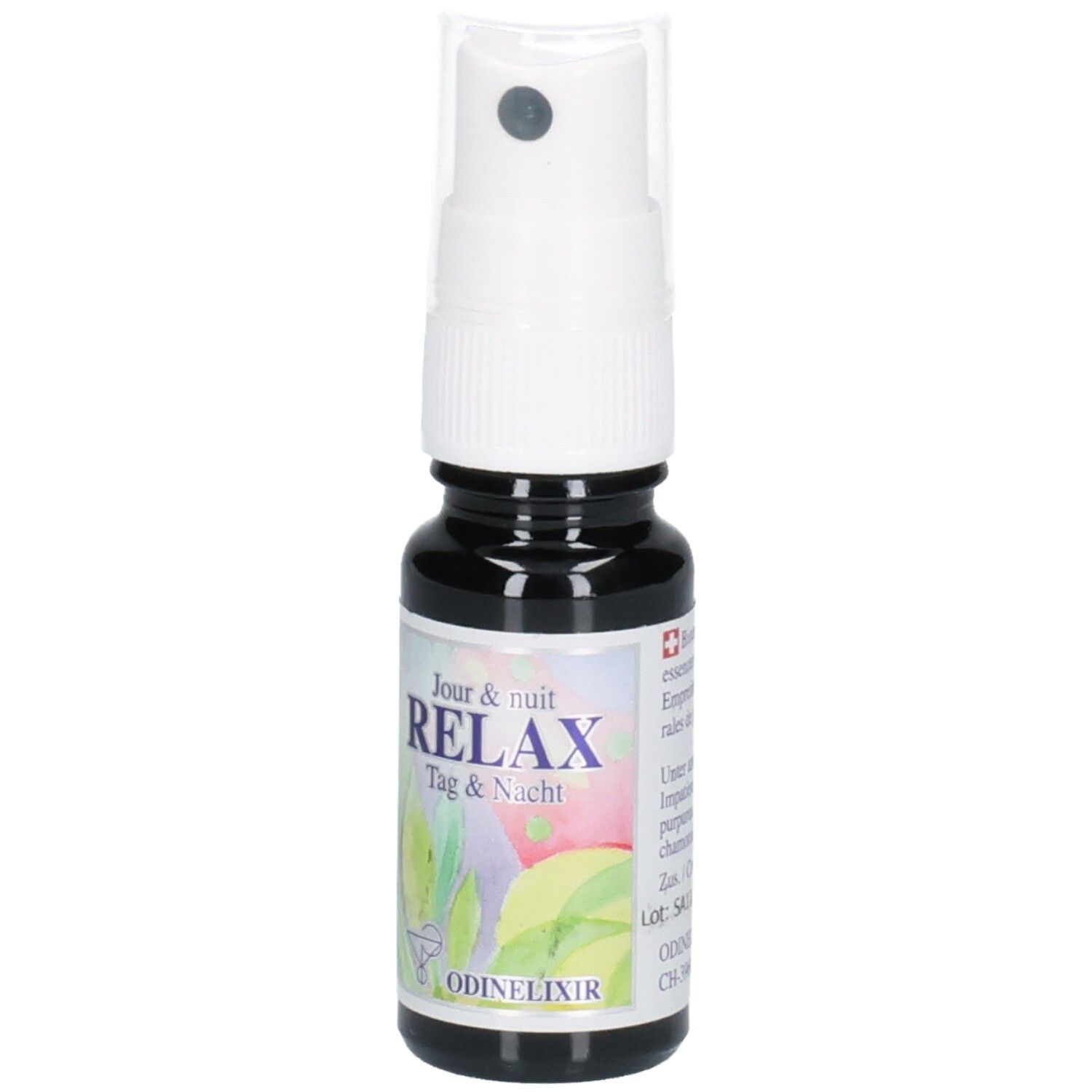 ODINELIXIR Relax Spray: Dunkle Glasflasche mit weißem Sprühkopf. Etikett mit "RELAX Tag & Nacht" und Schweizer Kreuz.