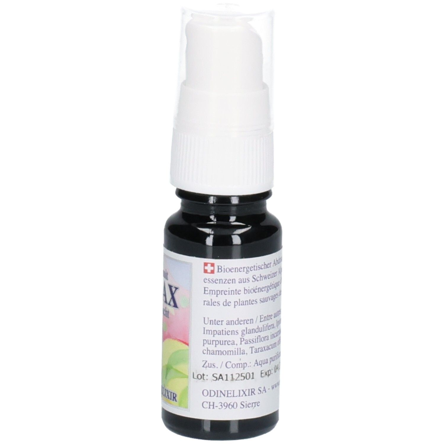 ODINELIXIR Relax Spray: Flasche mit Sprühkopf. Etikett zeigt "RELAX Tag & Nacht", Inhaltsstoffe und "ODINELIXIR".
