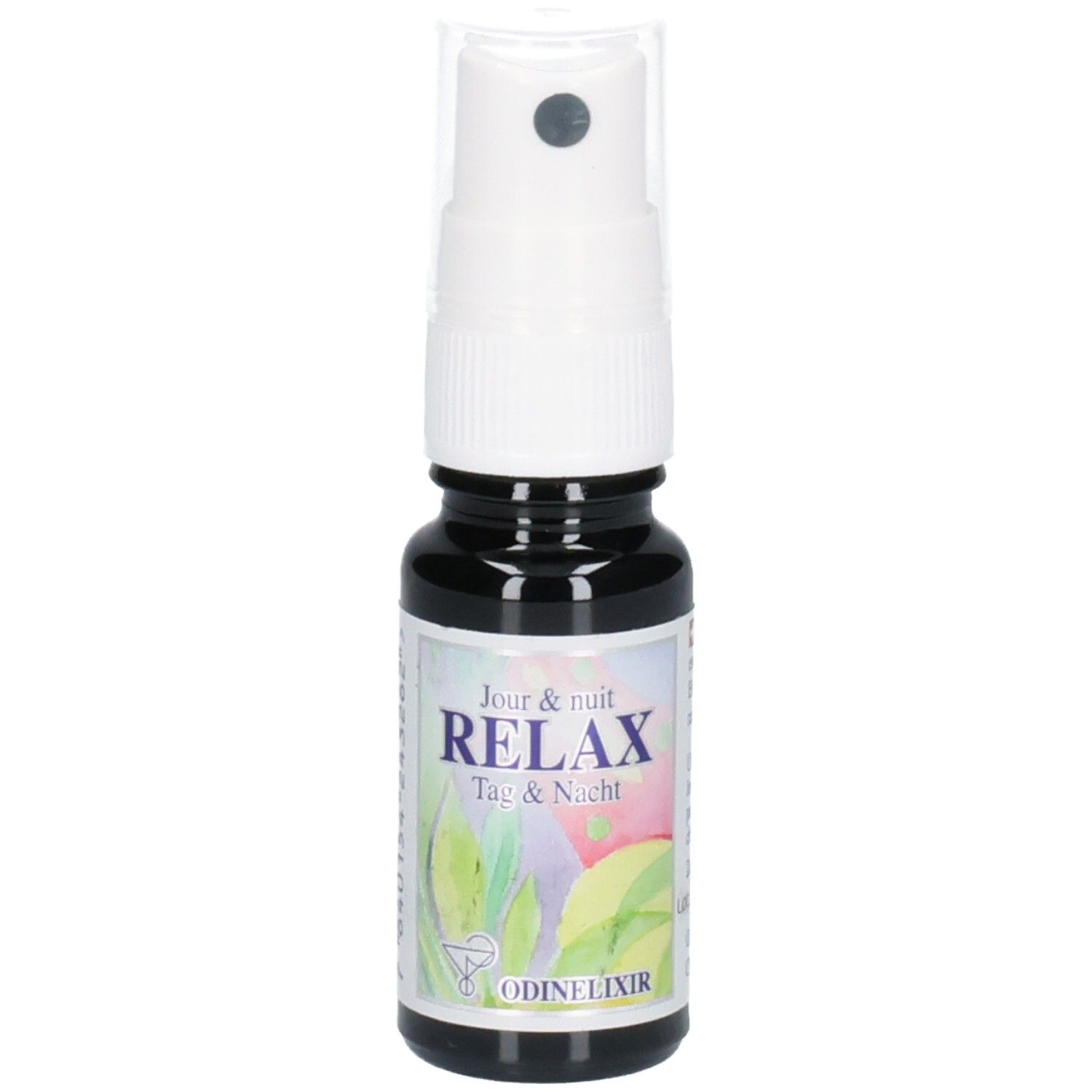 ODINELIXIR Relax Spray: Dunkle Glasflasche mit weißem Sprühkopf. Etikett mit "RELAX Tag & Nacht" und botanischen Elementen.