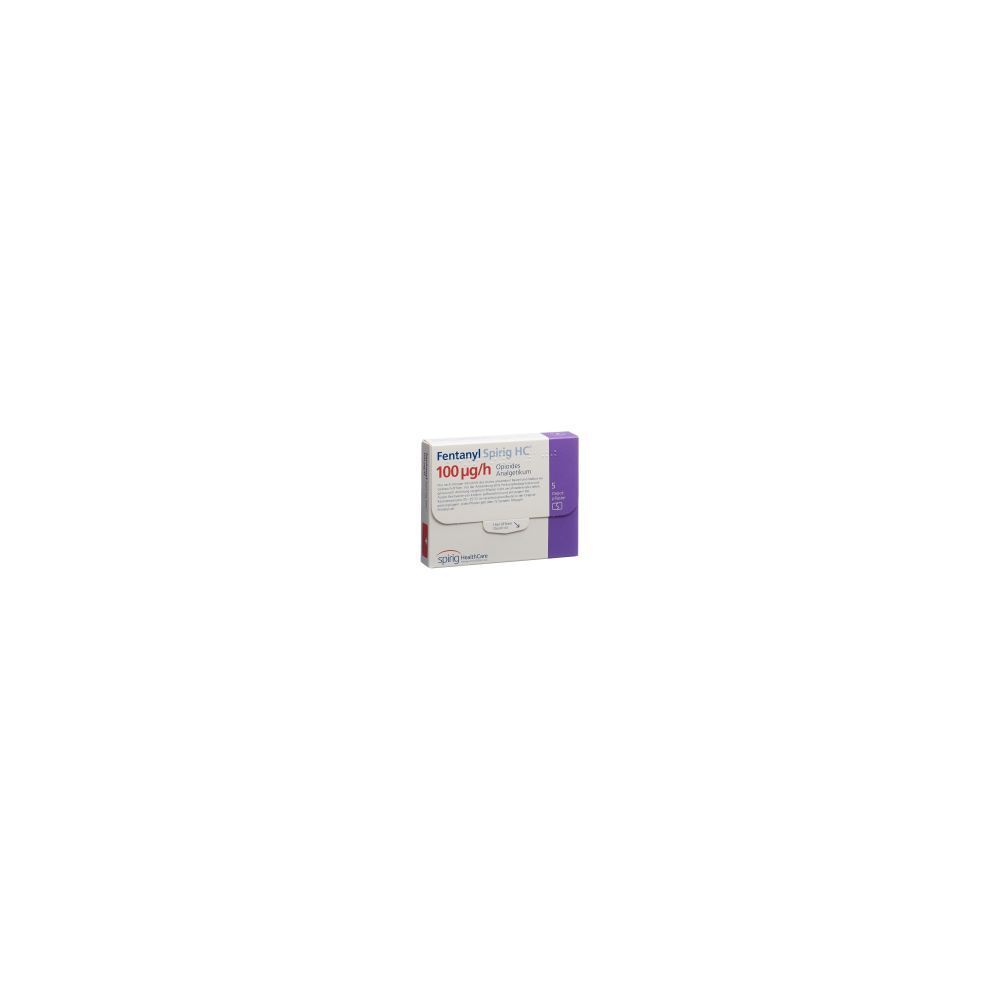 Verpackung von Fentanyl Spirig HC. Weiß-lila Schachtel mit Produktinformationen und Dosierungsangabe 100 mcg/h.