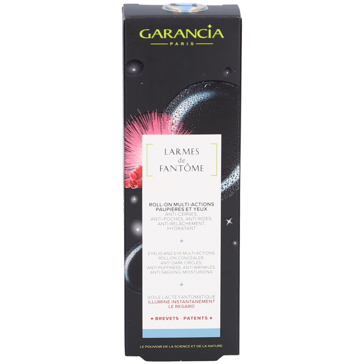 Emballage et roll-on pour le contour des yeux. Inscription: GARANCIA, LARMES de FANTÔME, ROLL-ON MULTI-ACTIONS.