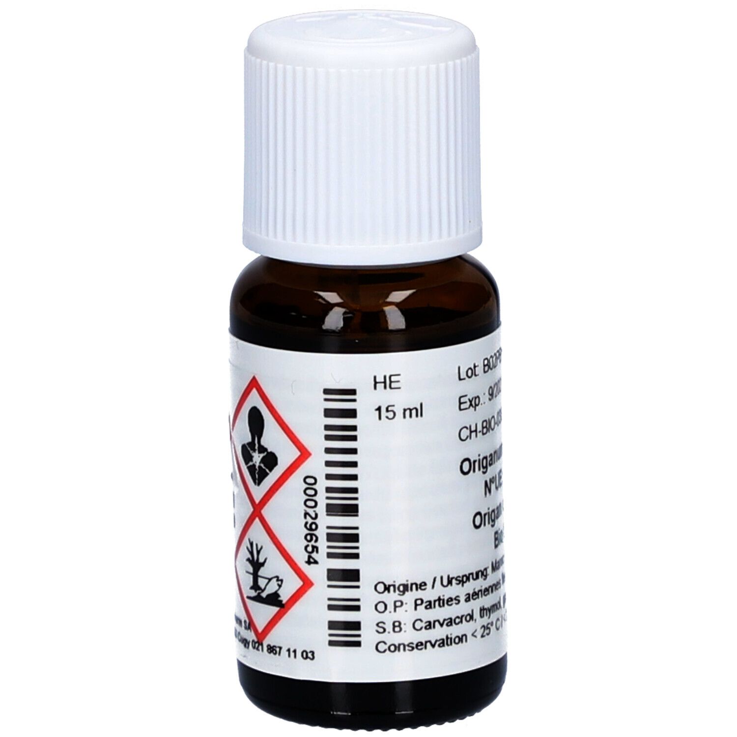 Flacon en verre brun avec bouchon blanc. Étiquette avec symboles de danger et informations produit. Contient 15 ml.