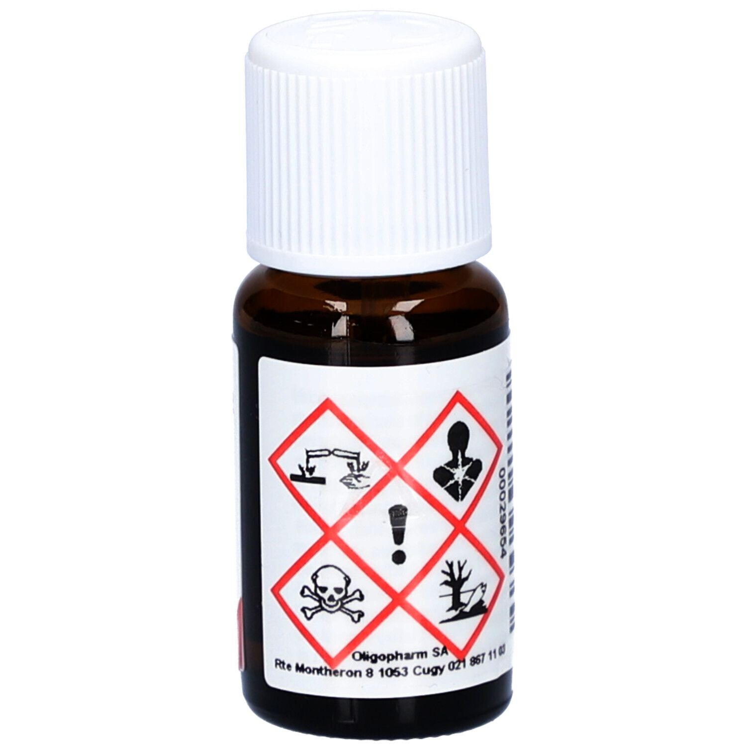 Flacon en verre brun avec bouchon blanc. Étiquette avec symboles de danger. Contient 15 ml.