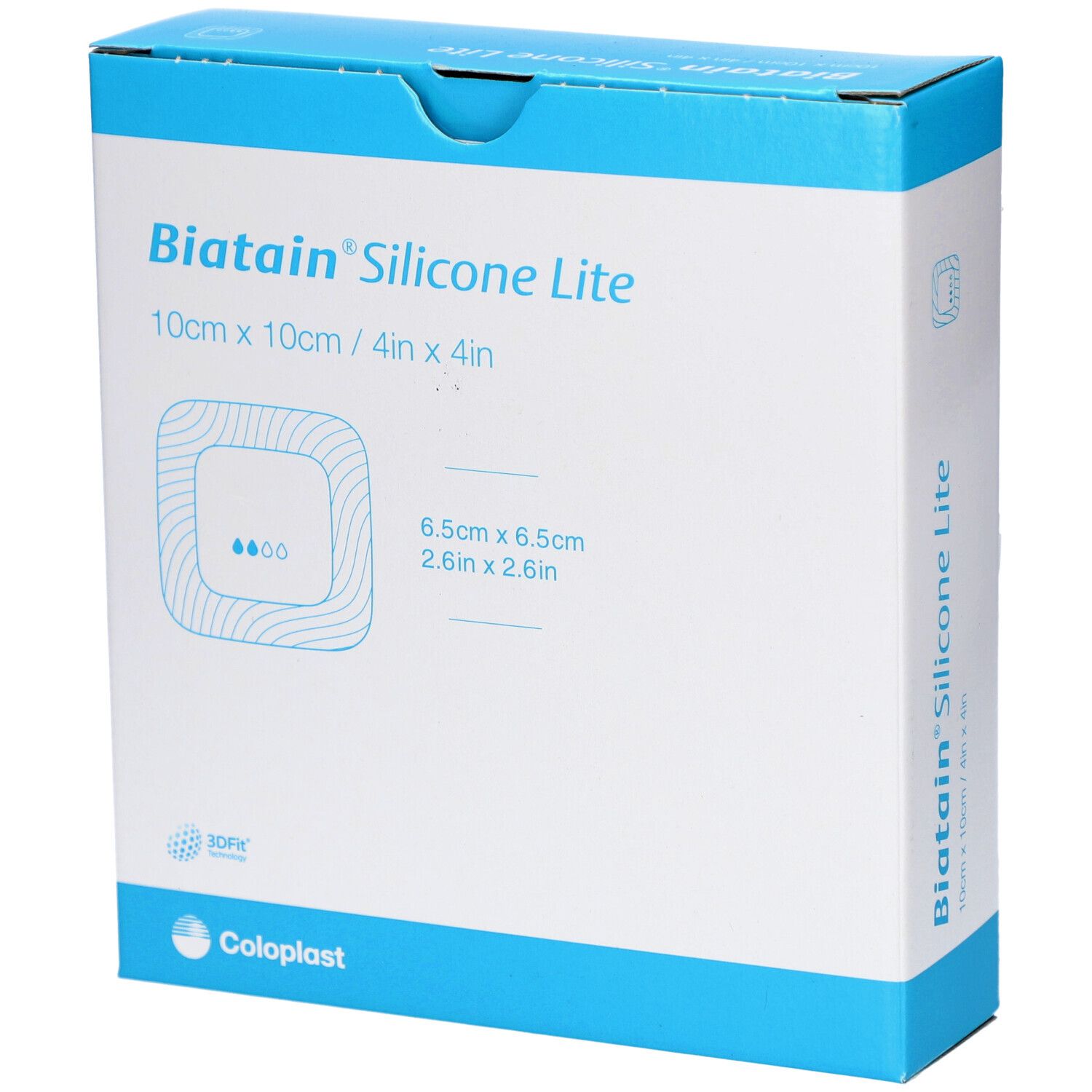 Verpackung von Biatain® Silicone Lite. Blaue Schachtel mit Produktabbildung und Größenangabe: 10x10 cm.