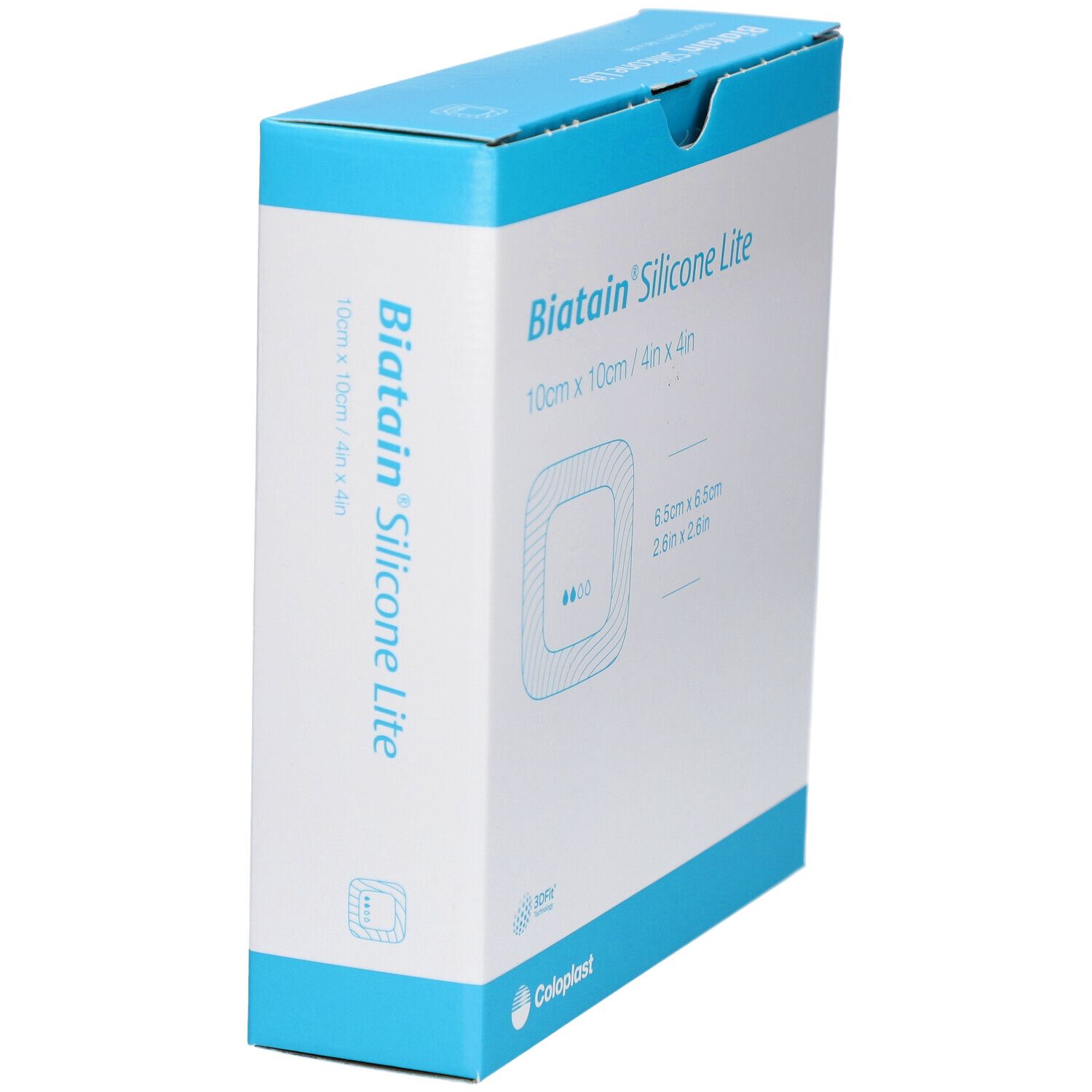 Biatain® Silicone Lite Verpackung, schräg. Blaue Schachtel mit Produktnamen und Größenangabe: 10x10 cm.