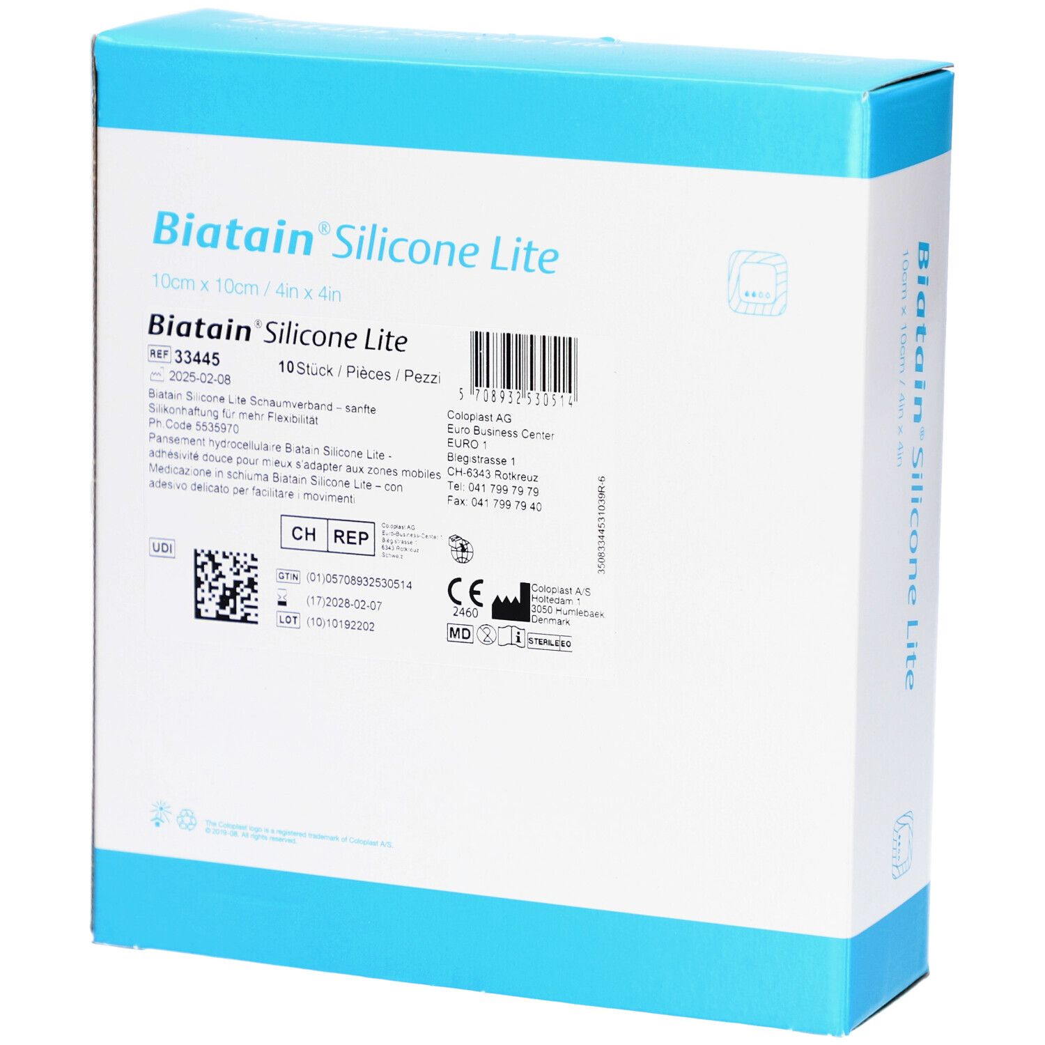 Rückseite der Biatain® Silicone Lite Verpackung. Produktinformationen, Chargennummer, CE-Kennzeichnung.