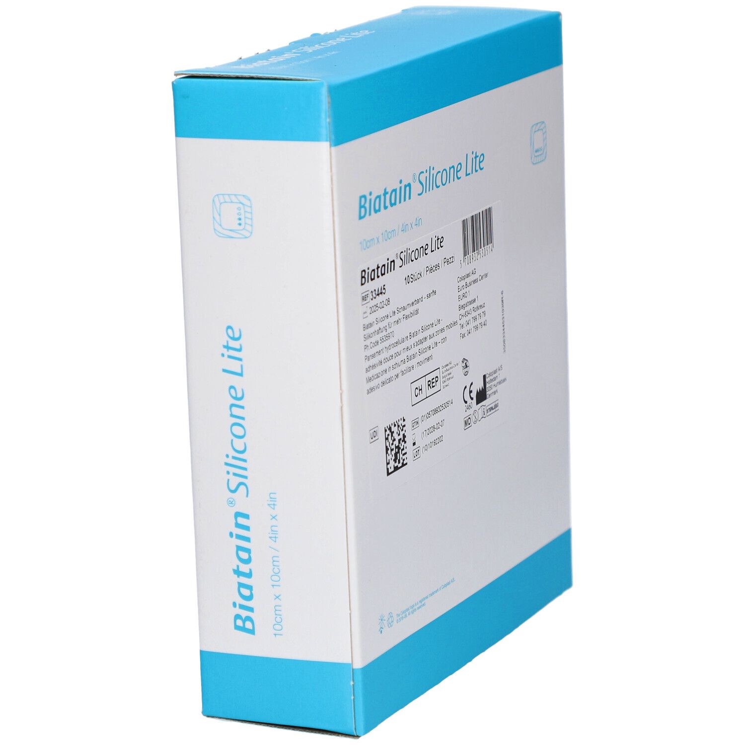 Biatain® Silicone Lite Verpackung, schräg. Produktname, Größenangabe, Chargennummer, CE-Kennzeichnung.