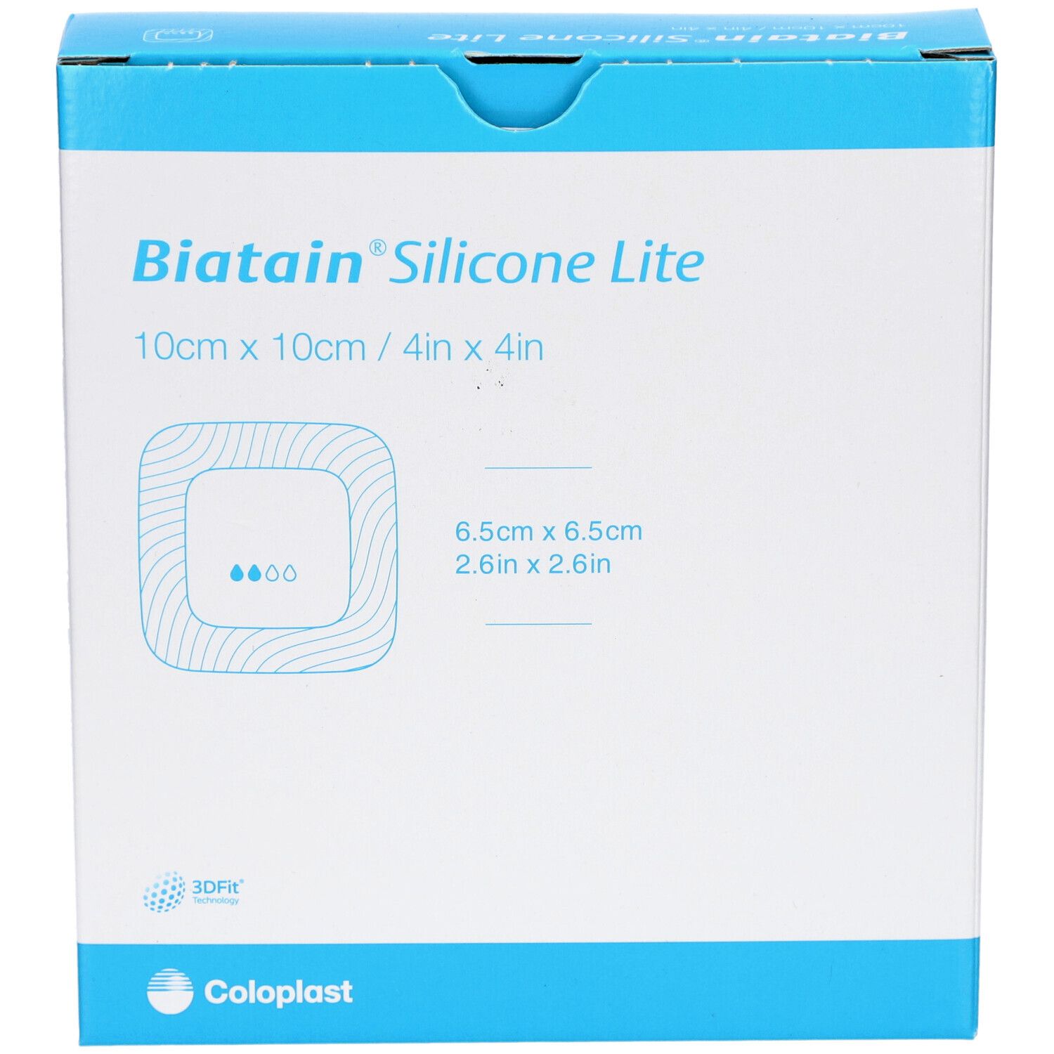 Vorderseite der Biatain® Silicone Lite Verpackung. Blaue Schachtel mit Produktabbildung und Größenangabe: 10x10 cm.
