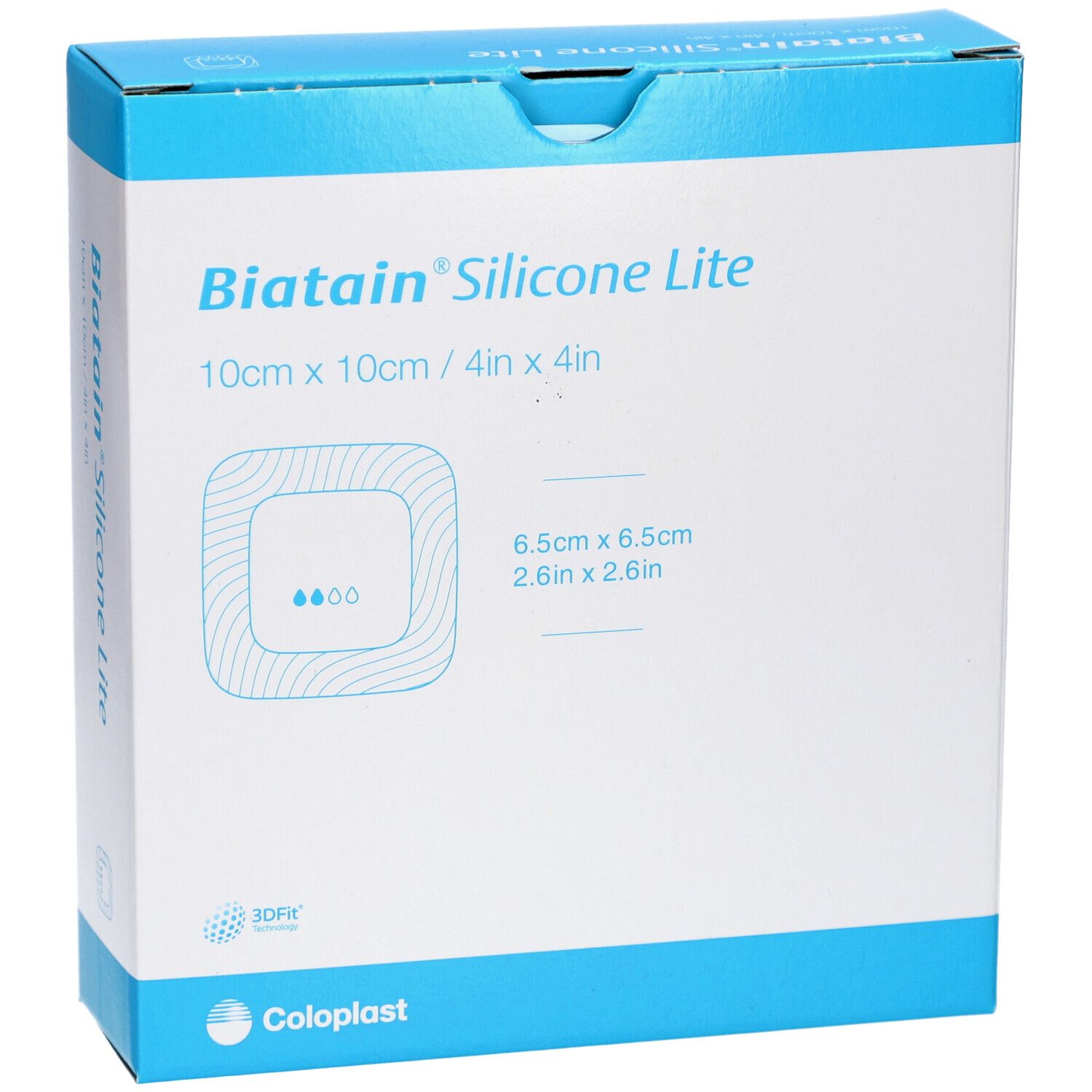 Vorderseite der Biatain® Silicone Lite Verpackung. Blaue Schachtel mit Produktabbildung und Größenangabe: 10x10 cm.