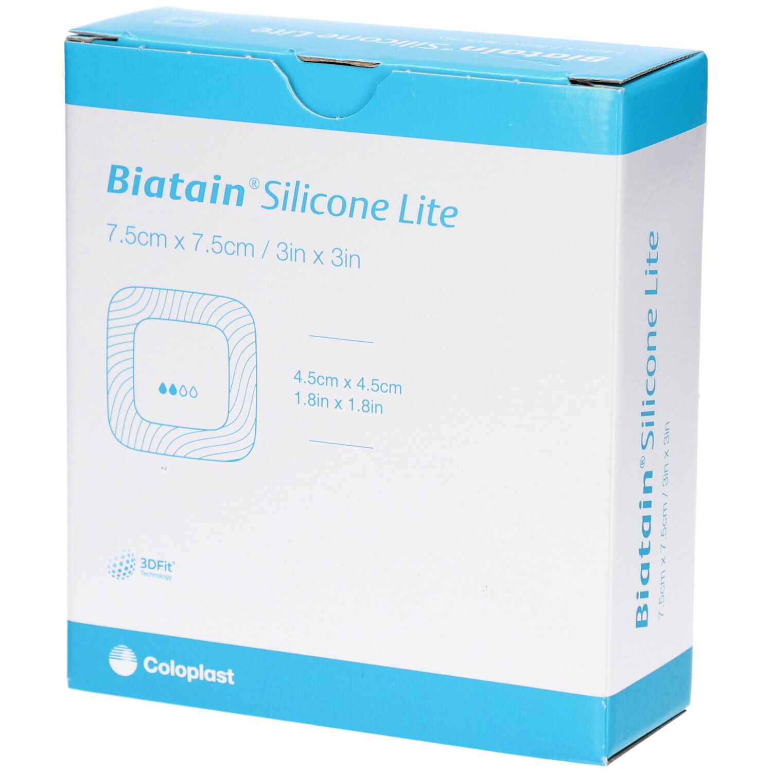 Blau-weiße Verpackung von Biatain Silicone Lite. Größe 7,5 x 7,5 cm. Quadratisches Design mit Produktabbildung.