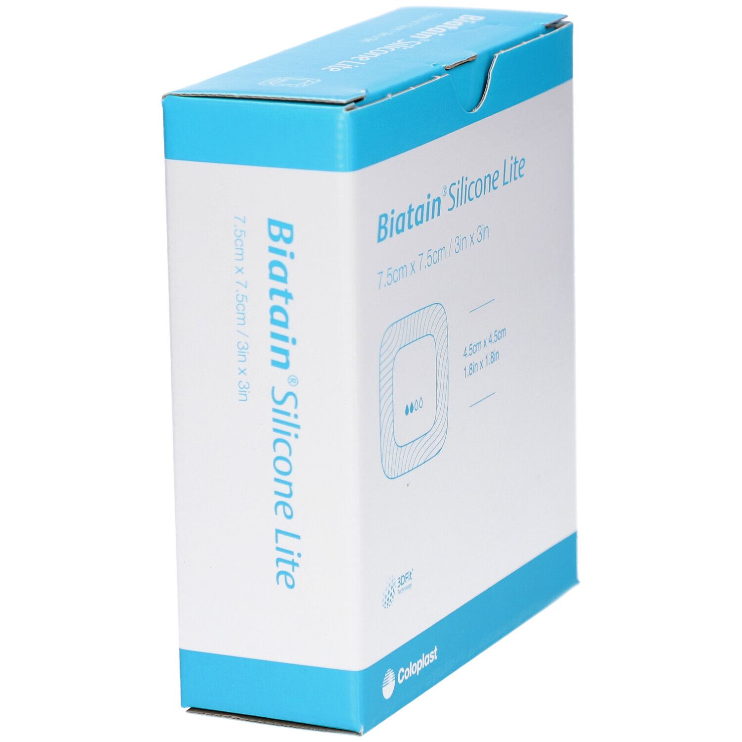 Schräg stehende Verpackung von Biatain Silicone Lite. Größe 7,5 x 7,5 cm. Blau-weißes Design mit Produktlogo.