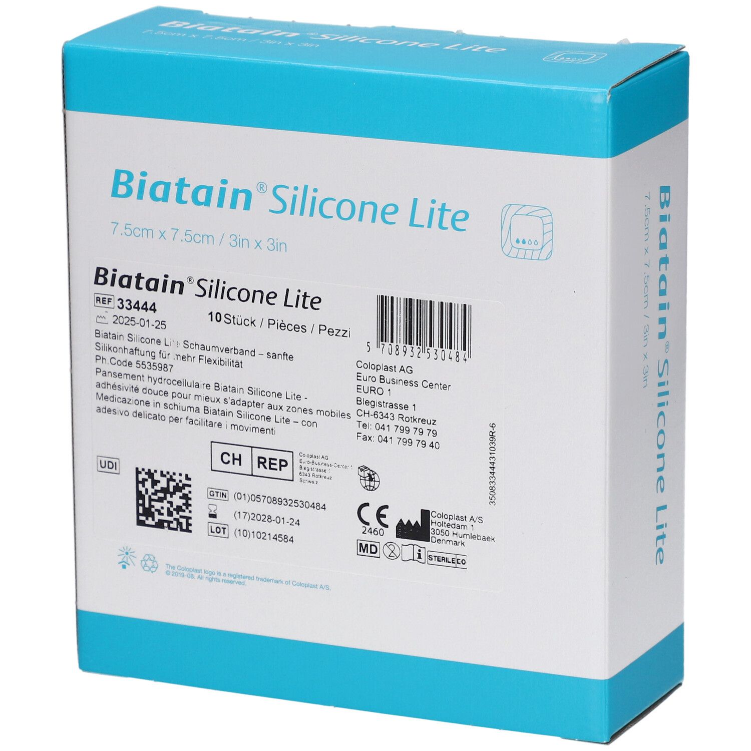 Verpackung von Biatain Silicone Lite. Enthält Informationen wie Artikelnummer, Chargennummer und CE-Kennzeichnung.