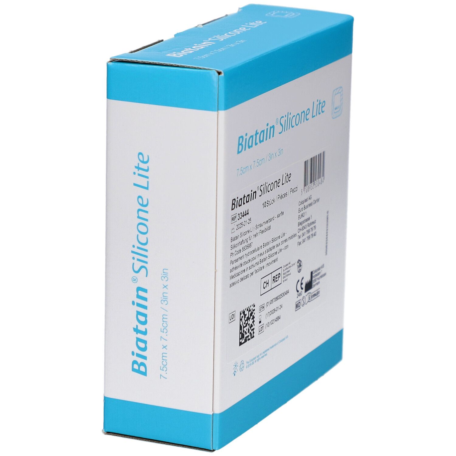 Schräg stehende Verpackung von Biatain Silicone Lite. Größe 7,5 x 7,5 cm. Blau-weißes Design.