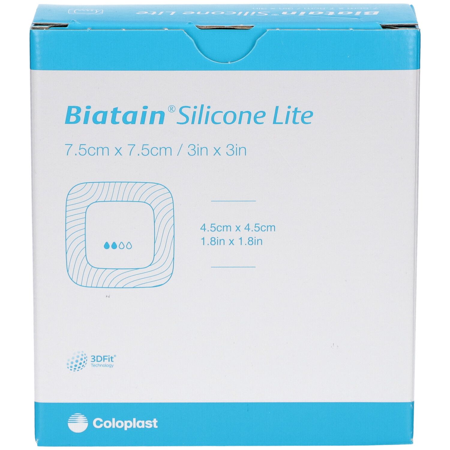 Vorderansicht der Verpackung von Biatain Silicone Lite. Größe 7,5 x 7,5 cm. Quadratisches Design.