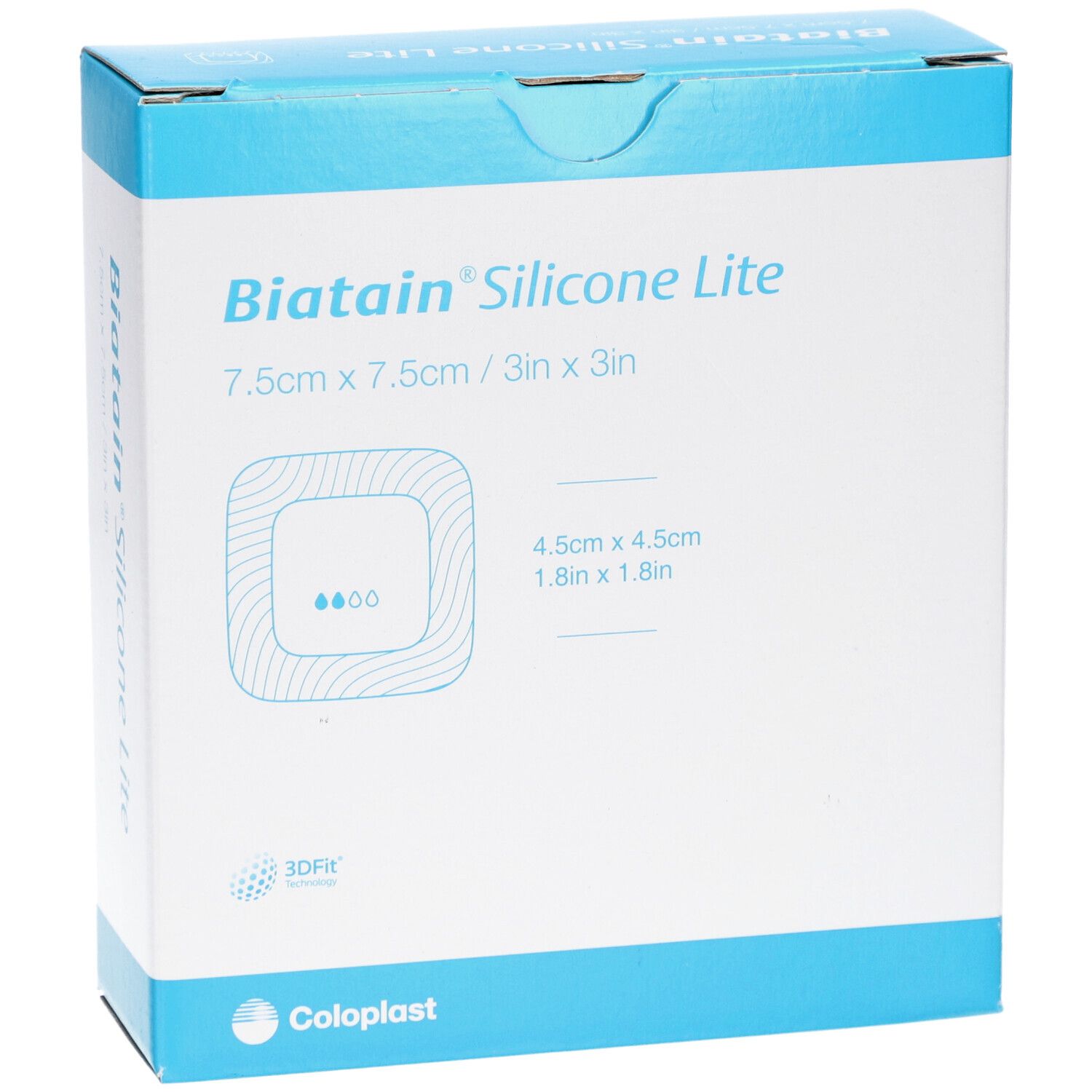Vorderansicht der Verpackung von Biatain Silicone Lite. Größe 7,5 x 7,5 cm. Quadratisches Design mit Logo.
