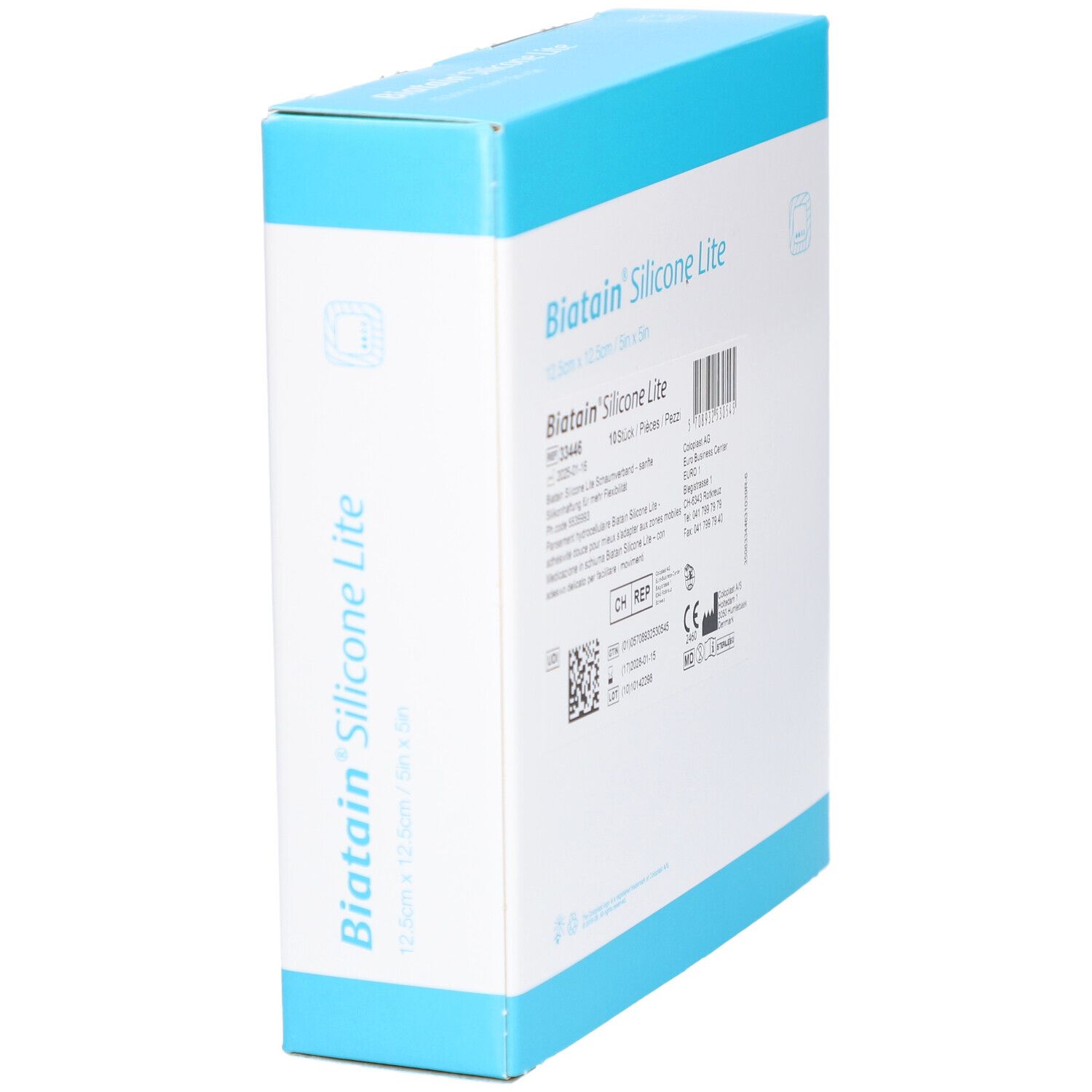 Vue oblique de l'emballage Biatain Silicone Lite. Inscription : 12,5cm x 12,5cm. Boîte bleue et blanche.
