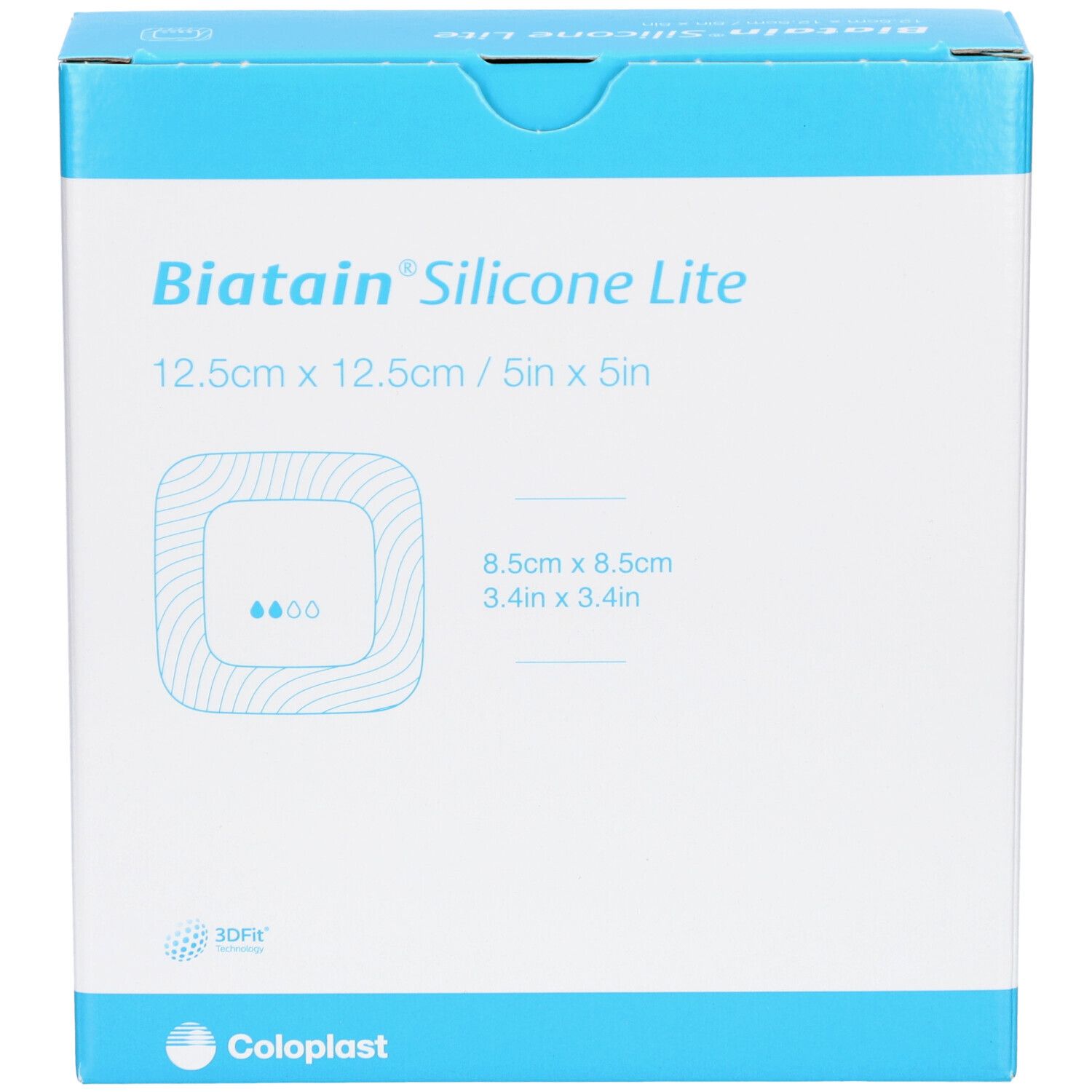 Face avant de l'emballage Biatain Silicone Lite. Inscription : 12,5cm x 12,5cm. Forme carrée avec illustration du produit.