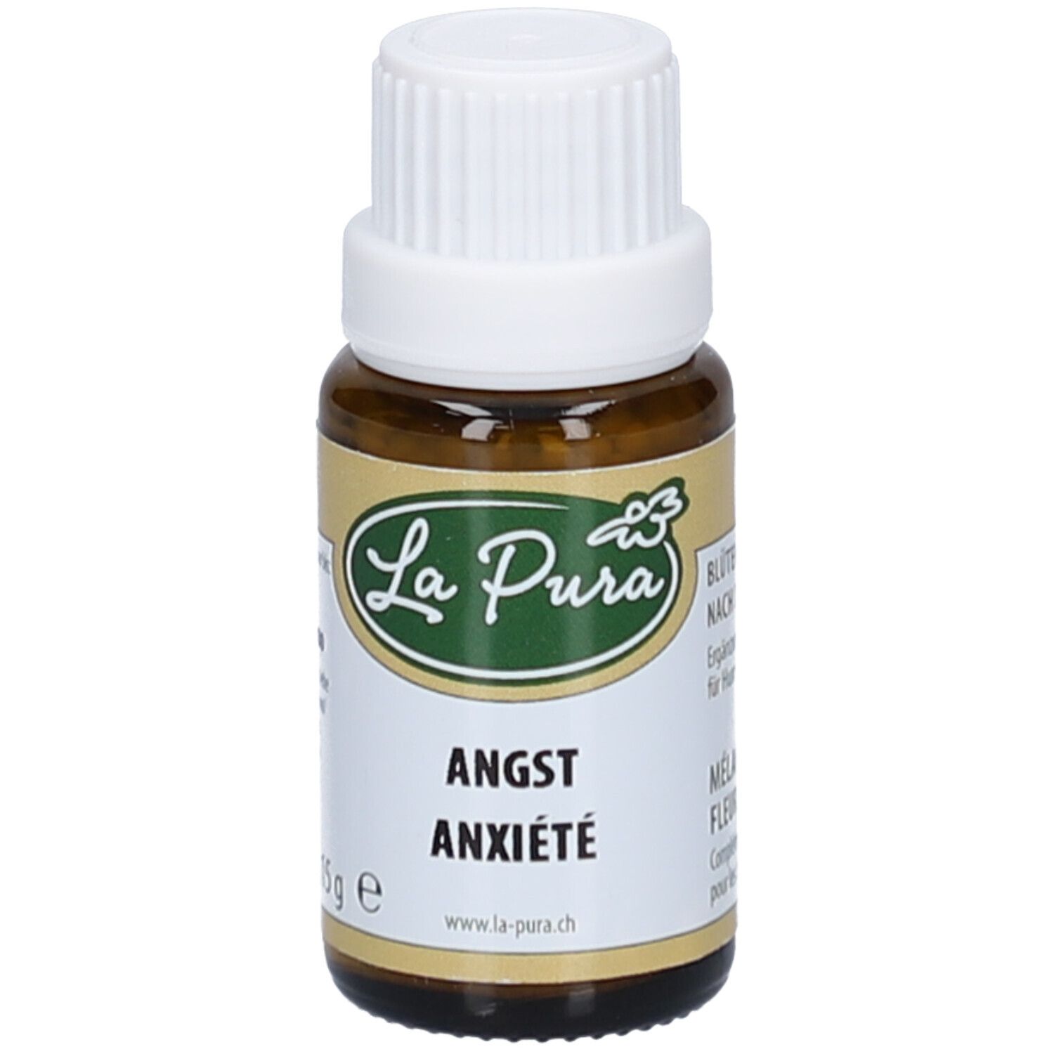 Flacon en verre brun avec bouchon blanc. Étiquette avec logo "La Pura", "Angst" et "Anxiété".